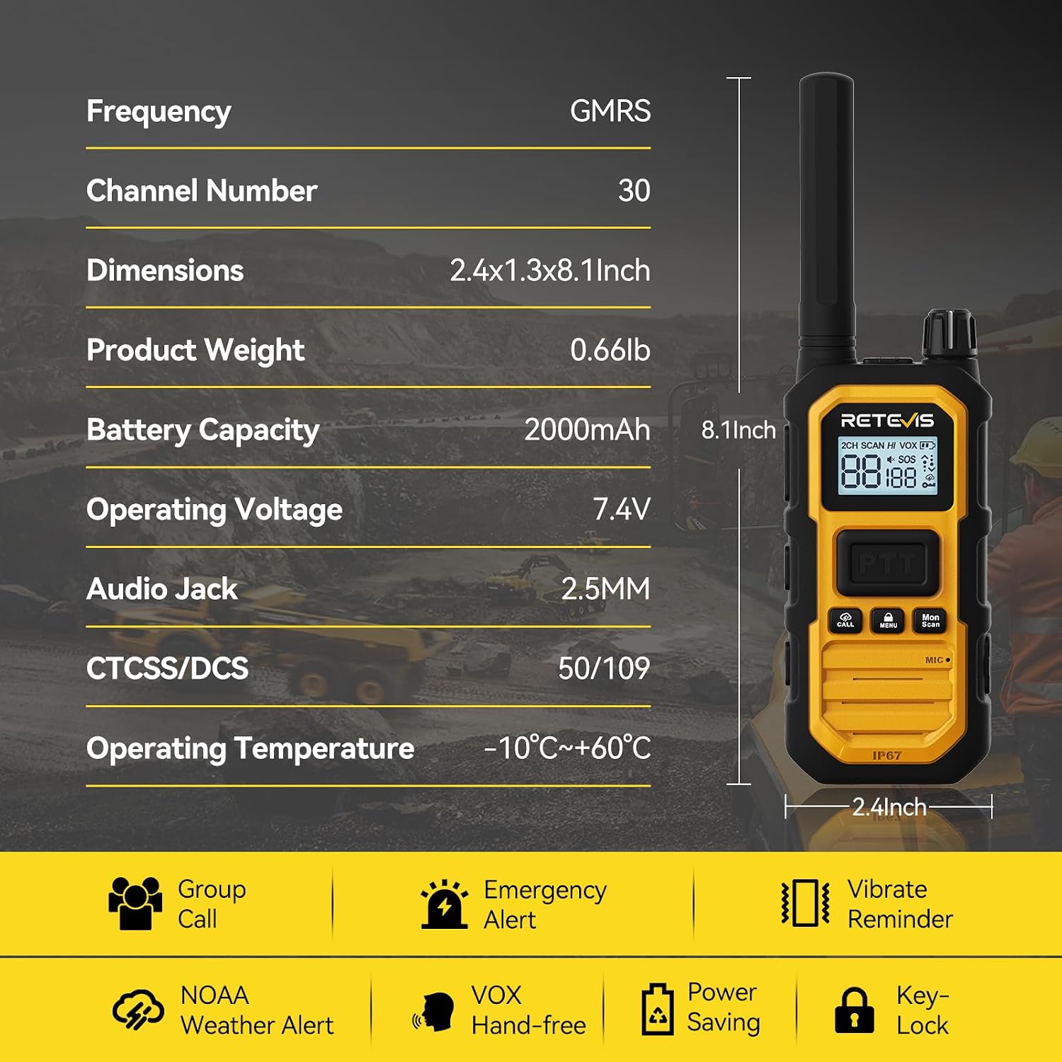Retevis RB48PLUS GMRS Walkie Talkies Long Range,IP67 Waterproof 2 Way Radio | Repeater Capable, Dual PTT, Vibration Alert, NOAA, SOS, for Hurricane Preparedness, Emergency Communication, Outdoor, 2 Pack