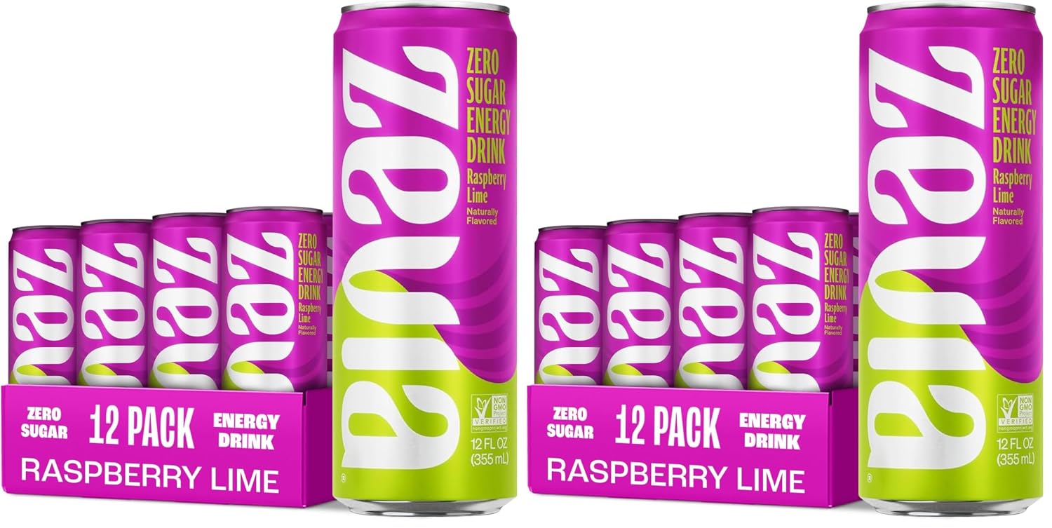 Zevia Zero Sugar Energy Drink, Raspberry Lime, 12 oz Cans (12-Pack) – Naturally Sweetened, Zero Calorie Sugar Free Energy - Non-GMO Project Verified, Gluten-Free, Vegan