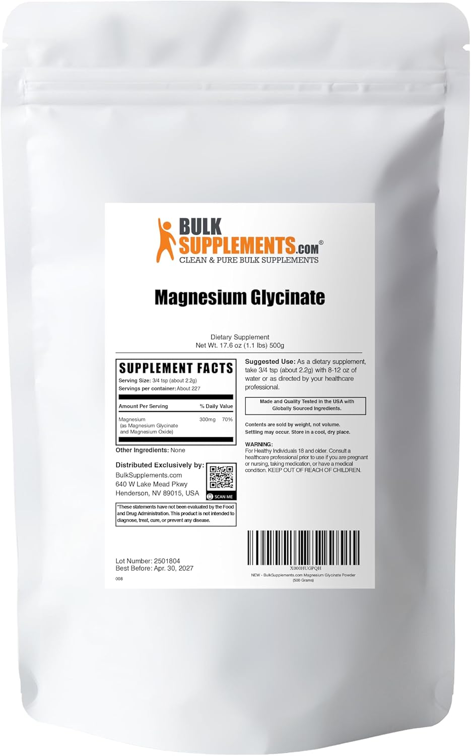 BulkSupplements.com Magnesium Glycinate Powder - Magnesium Glycinate 300mg, Highly Absorbable - Gluten Free, 2.2g per Serving, 500g (1.1 lbs) (Pack of 1)