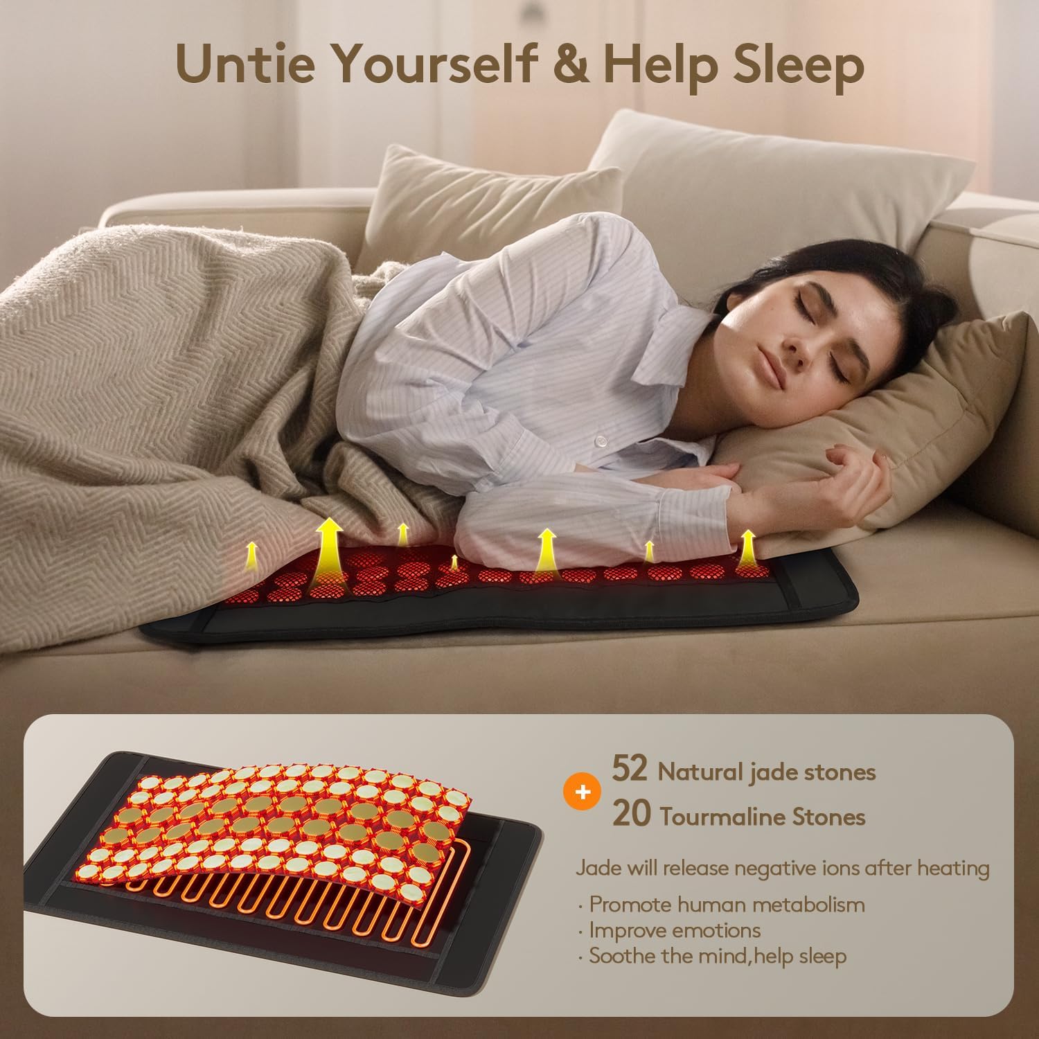 UTK Far Infrared Heating Pad for Back Pain Relief, Natural Jade, 23.5x16 in | 52 Natural Jade & 20 Tourmaline Stones, Up to 159°F, 4H Auto-Off, Memory Function, FSA-HSA Eligible, Gifts for Women & Men