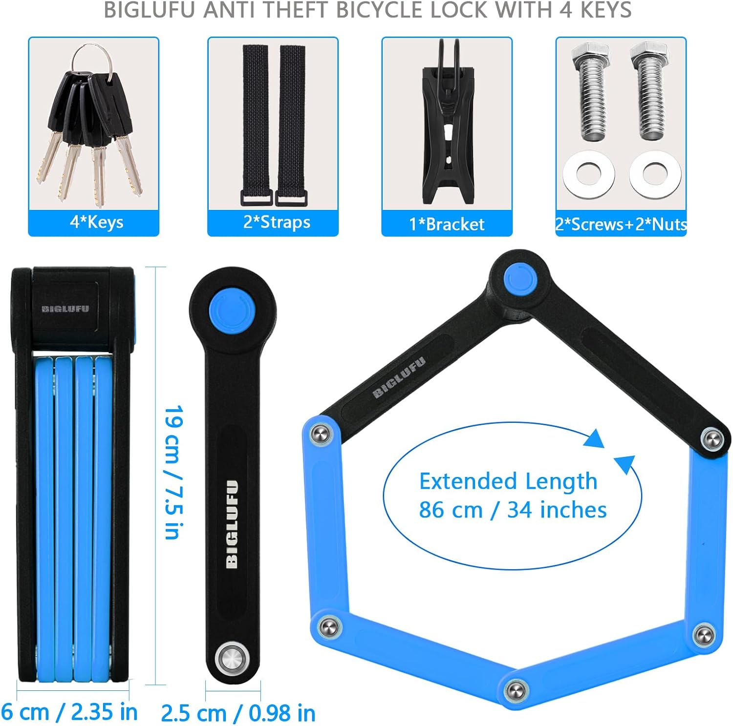 Bike Lock Bicycle Scooter Motorcycle Folding Locks with 4Keys, Fold Chain Heavy Duty Alloy Steel Foldable Lock with Mounting Bracket 2pc Straps