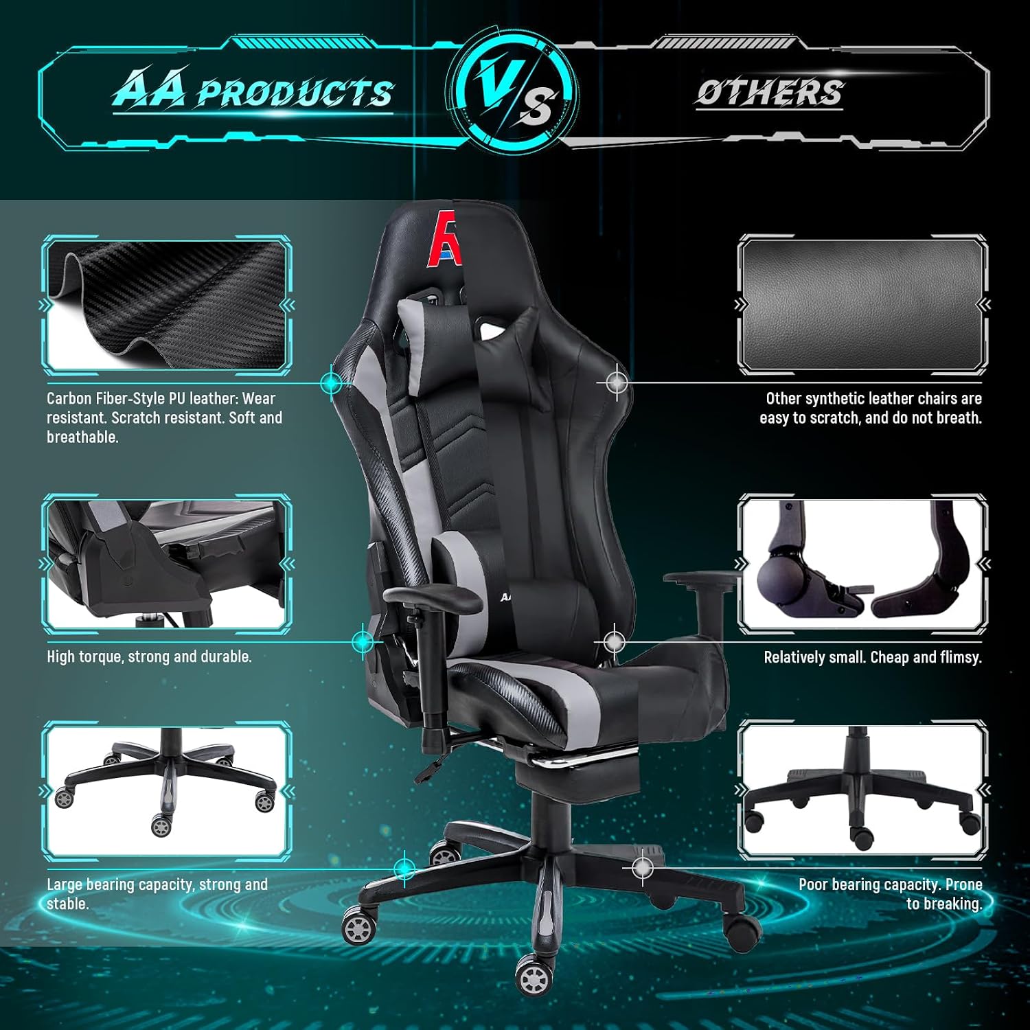 AA Products Gaming Chair Ergonomic High Back Computer Racing Chair Adjustable Office Chair with Footrest, Lumbar Support Swivel Chair - Black