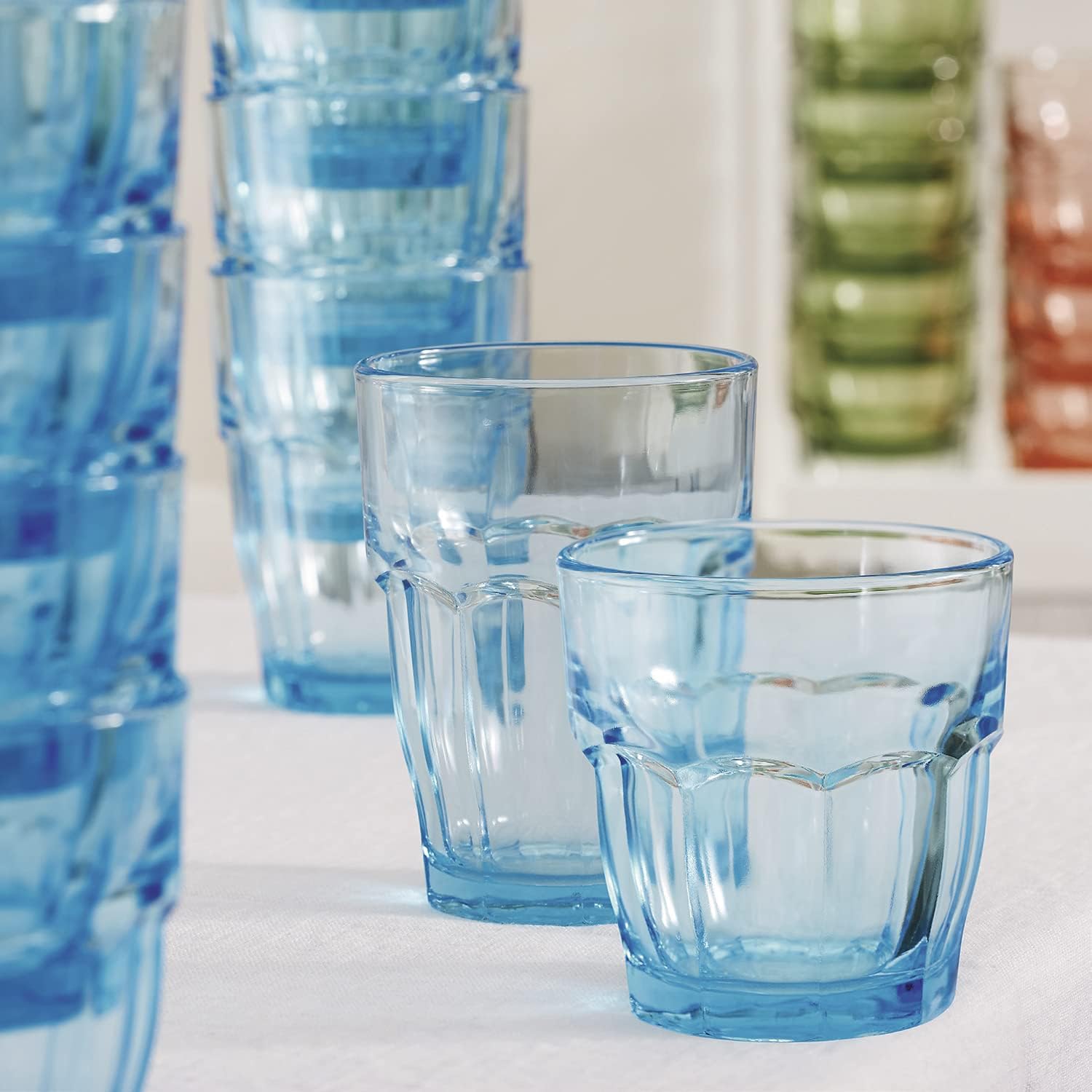 Bormioli Rocco Rock Bar 12.5 oz. Long Drink Stackable Tempered Beverage Glasses for Cold Drinks, Water, and Cocktails, Set of 6, Ice Blue