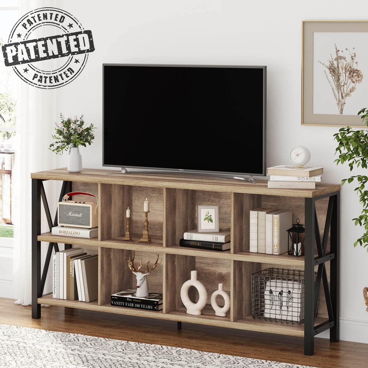 FATORRI 8 Cube Storage Organizer Bookshelf, 62 Inch Wood Horizontal Bookcase, Farmhouse Cube Long Book Shelf