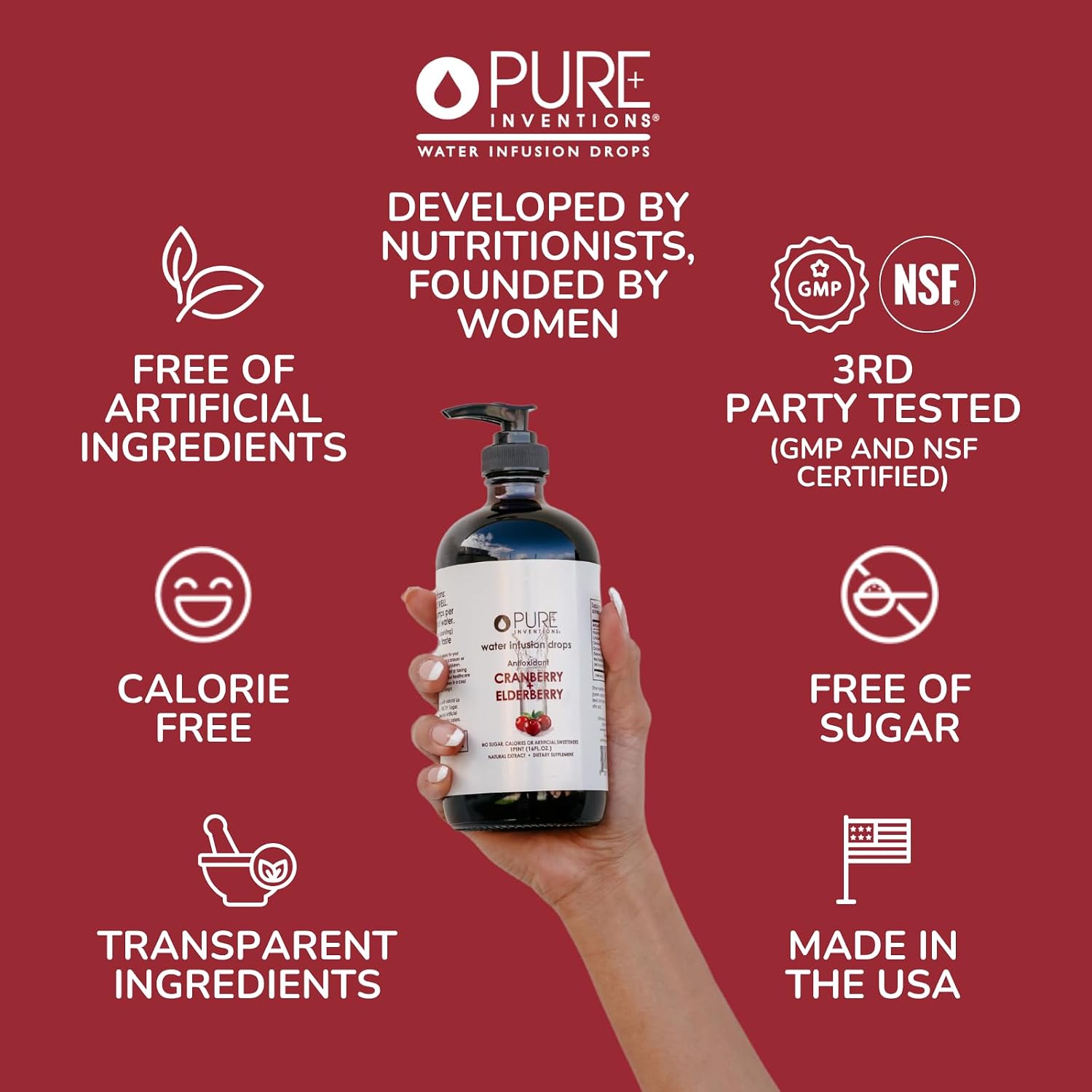 Pure Inventions Water Enhancer Drops - Refreshing and Delicious - Antioxidants, Electrolytes - No Sugar, Calories, or Artificial Sweeteners - Cranberry and Elderberry (60 Servings)