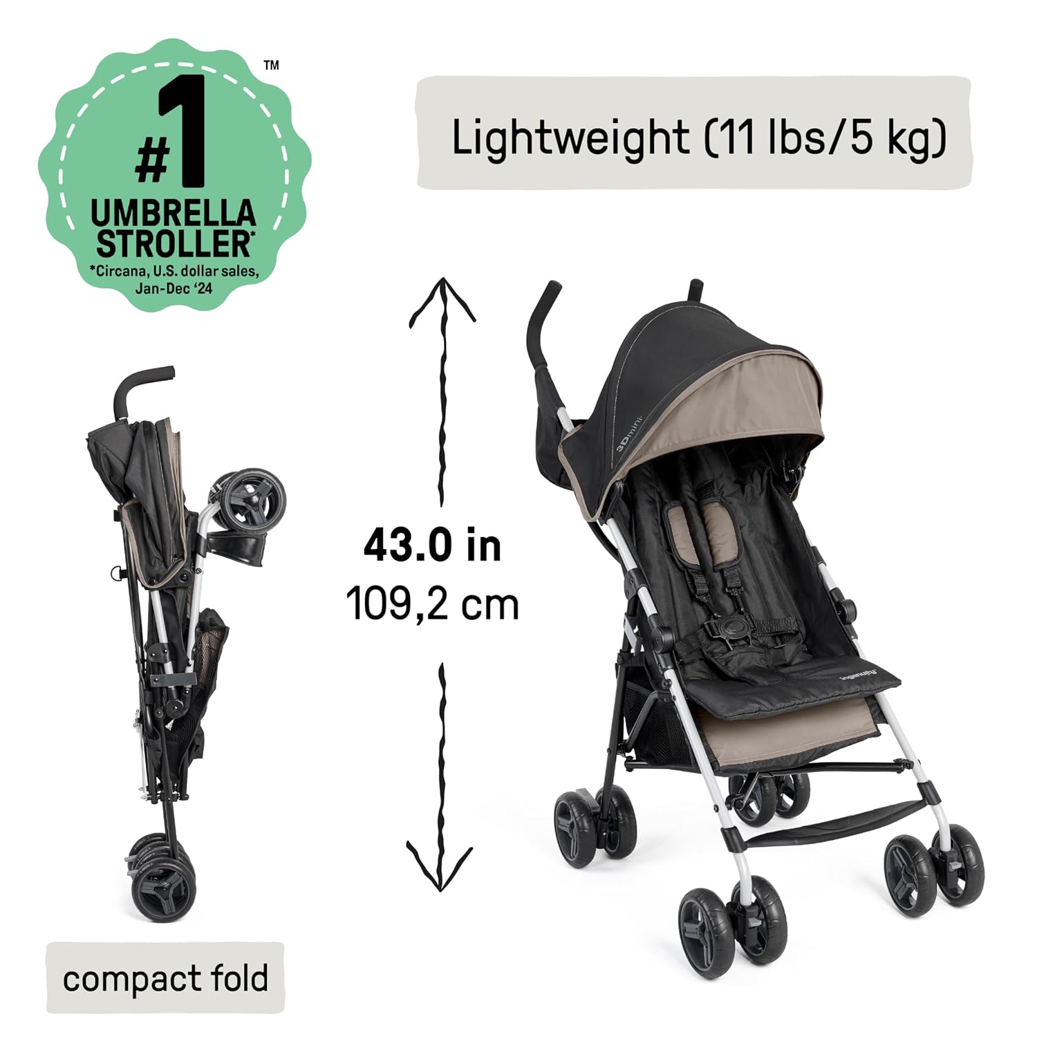 Ingenuity 3D Mini Convenience Stroller – Lightweight Stroller with Compact Fold, Multi-Position Recline, Canopy with Pop Out Sun Visor – Umbrella Stroller for Travel & More, Blue/Black