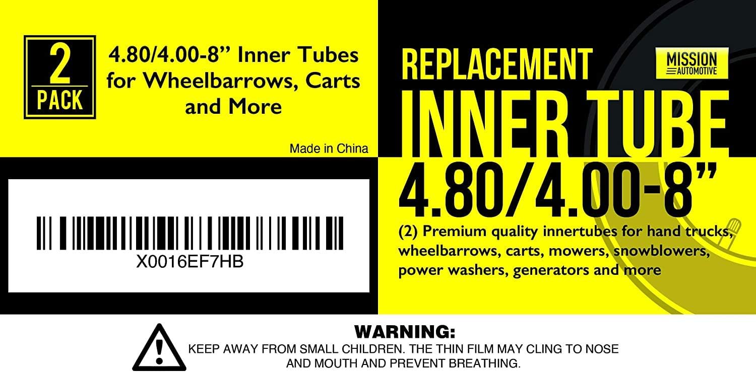 Mission Automotive 4.80/4.00-8 in Tire Inner Tubes for Wheelbarrow Wheels - Fits Trailer Tire Tube - Pack of 2