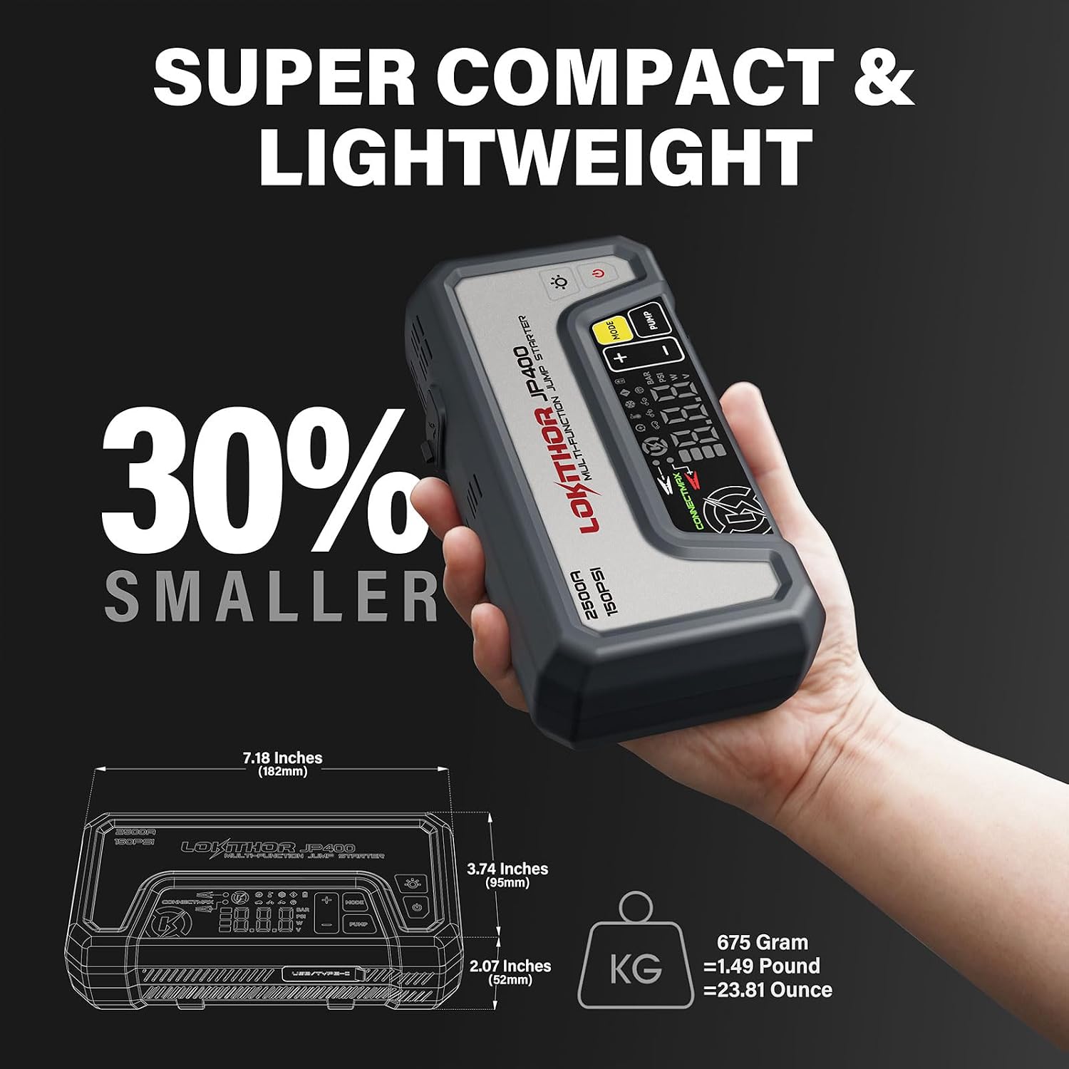LOKITHOR JP400 Jump Starter with Air Compressor for 8.5L Gas/6.5L Diesel | 2500A 12V Portable Jumper Starter for Car, 150PSI Tire Inflator, 300 Lumen LED Light, Power Bank, ConnectMax, Jumper Cables