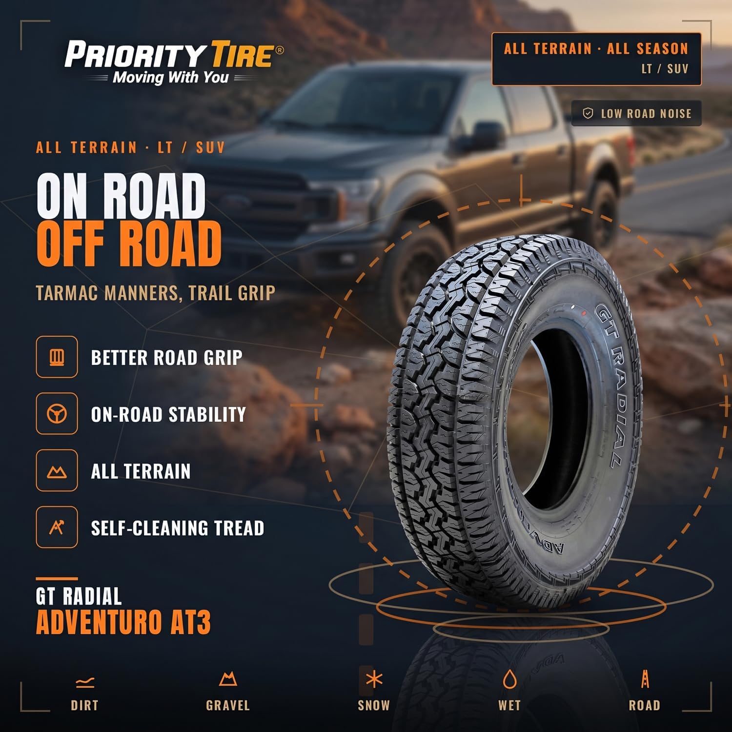 GT Radial Adventuro AT3 P265/70R17 113T | Truck/SUV All Terrain All Season Traction 113T Rated Standard Load Radial Construction Outlined White