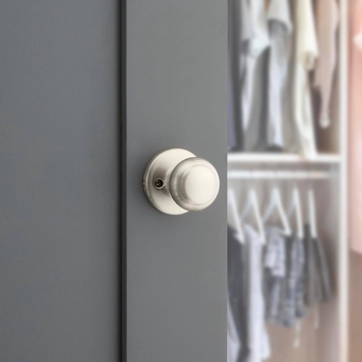 Kwikset Cove Interior Privacy Door Knob with Lock, Door Handle For Bathroom and Bedroom, Satin Nickel Keyless Turn Lock Doorknob, with Microban Protection