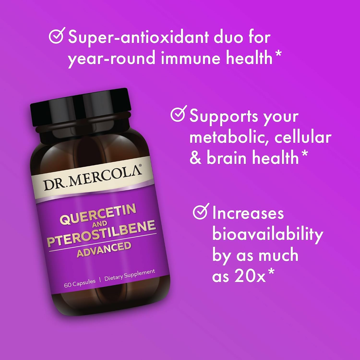 Dr. Mercola Quercetin & Pterostilbene Advanced - Supports Respiratory & Immune Health - 500 mg Quercetin - High-Bioavailability Formula - Non-GMO