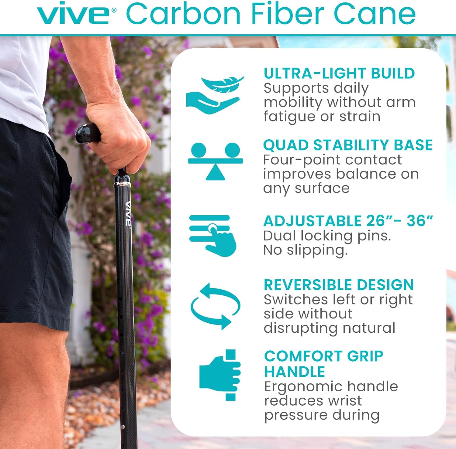 Vive Ultra-Lightweight Quad Cane - Carbon Fiber Walking Stick for Men | Women - Adjustable Ergonomic Grip Handle - Nonslip 4 Prong Rubber Tips for