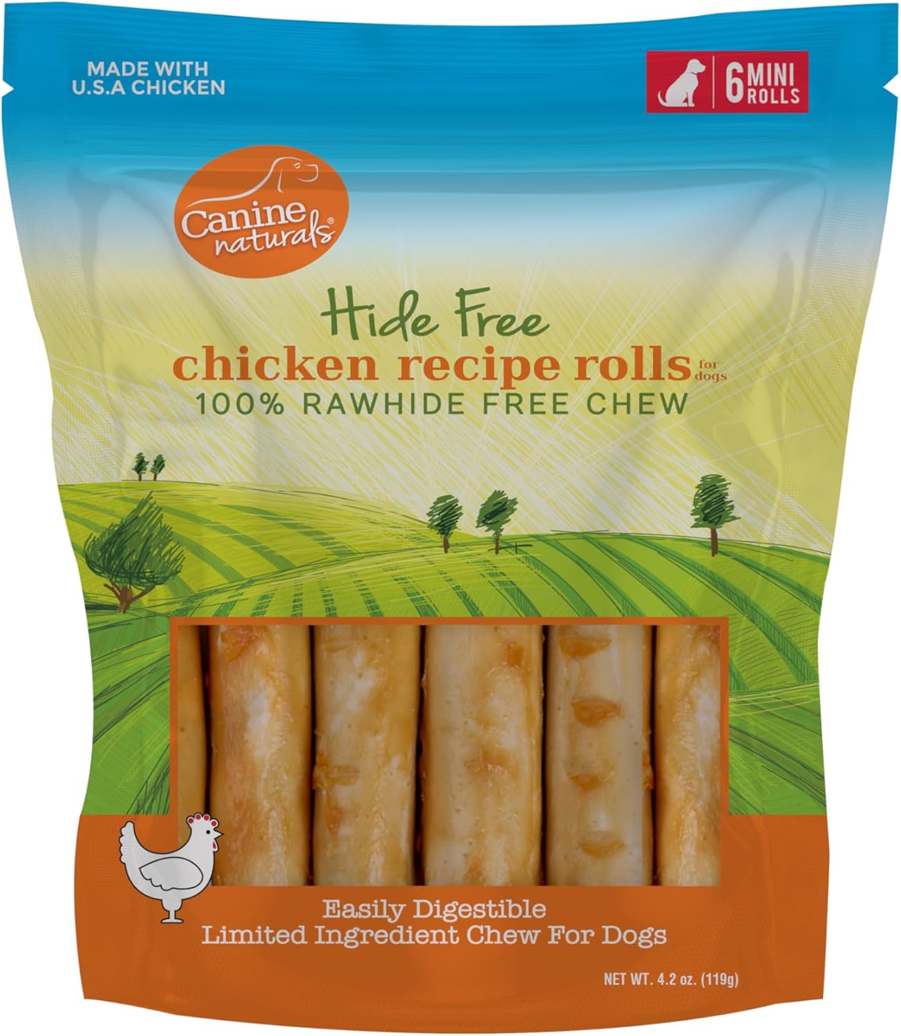 Canine Naturals Rawhide Free Chicken Recipe Dog Chews, Mini Rolls, 6 Count