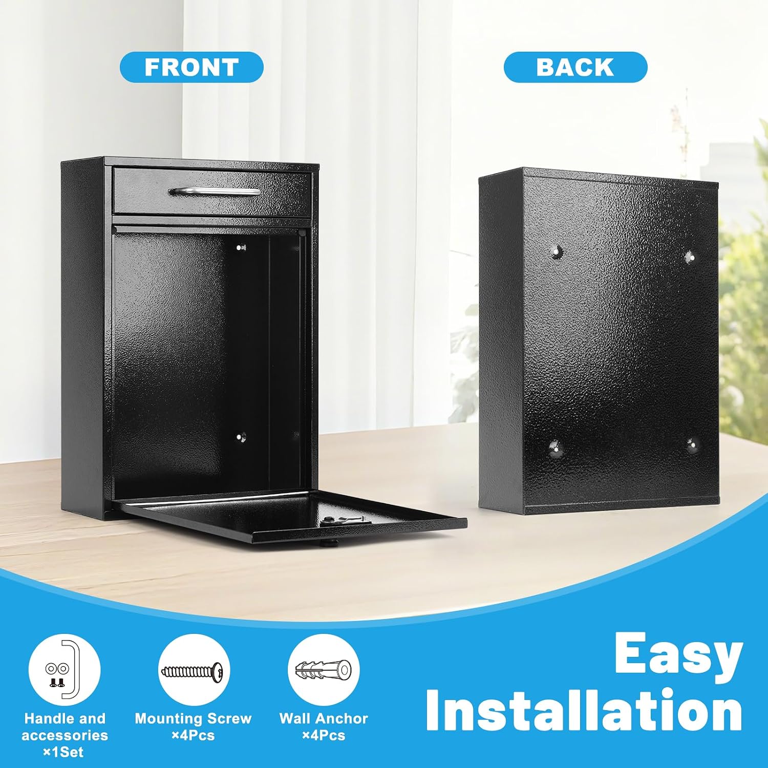 KYODOLED Steel Key Lock Mail Boxes Outdoor, Locking Wall Mount Mailbox, Security Lock Drop Box, Collection Boxes for Home, Office or Commercial,16.2H x 11.2L x 4.6W Inches, Black X Large