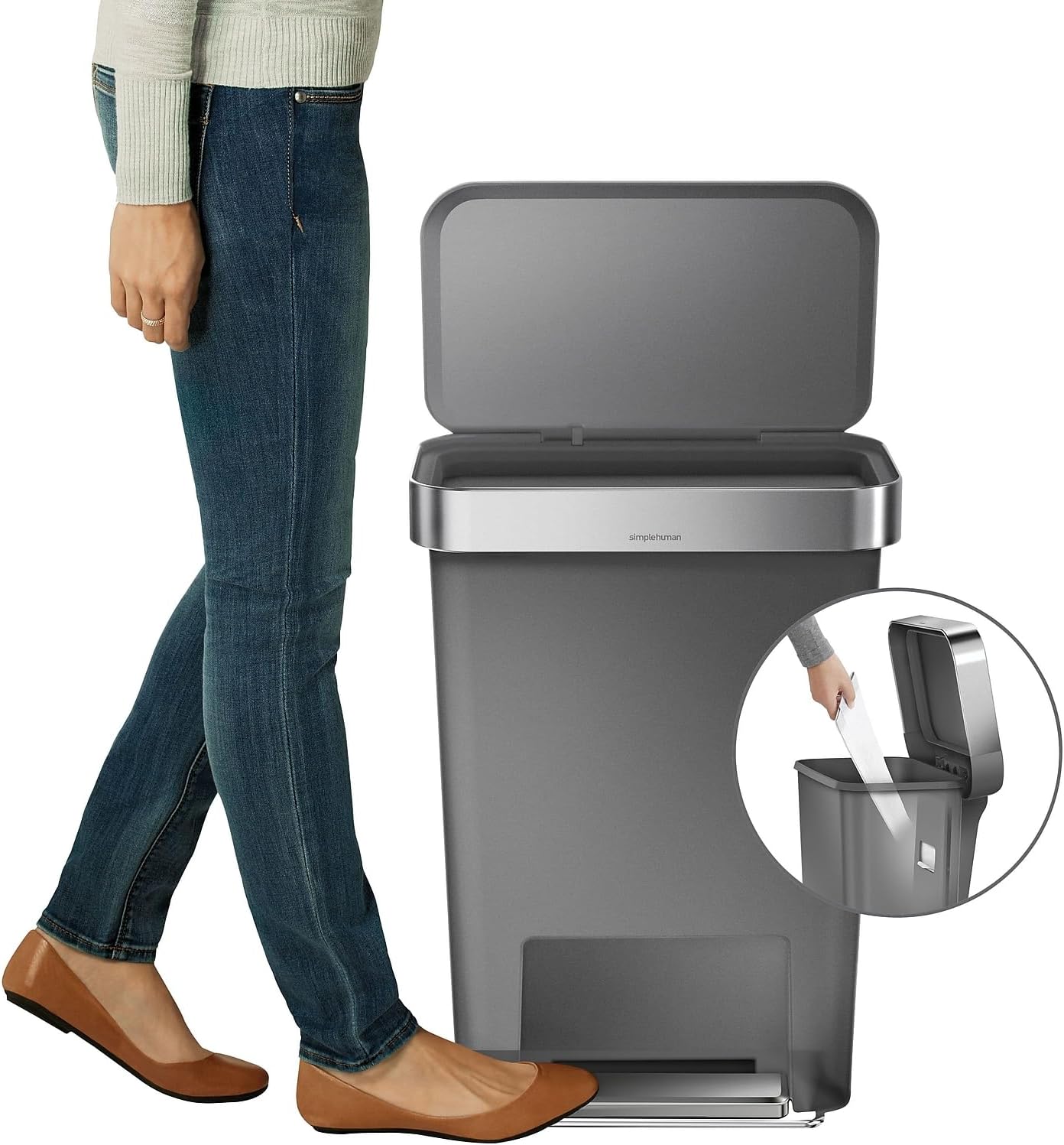 simplehuman Hybrid Step Can, 45L / 12 Gallon Rectangular Kitchen Trash Can, Liner Rim System, Liner Pocket®, 150,000-Step Pedal, Lid Shox® Silent Close, Black Plastic