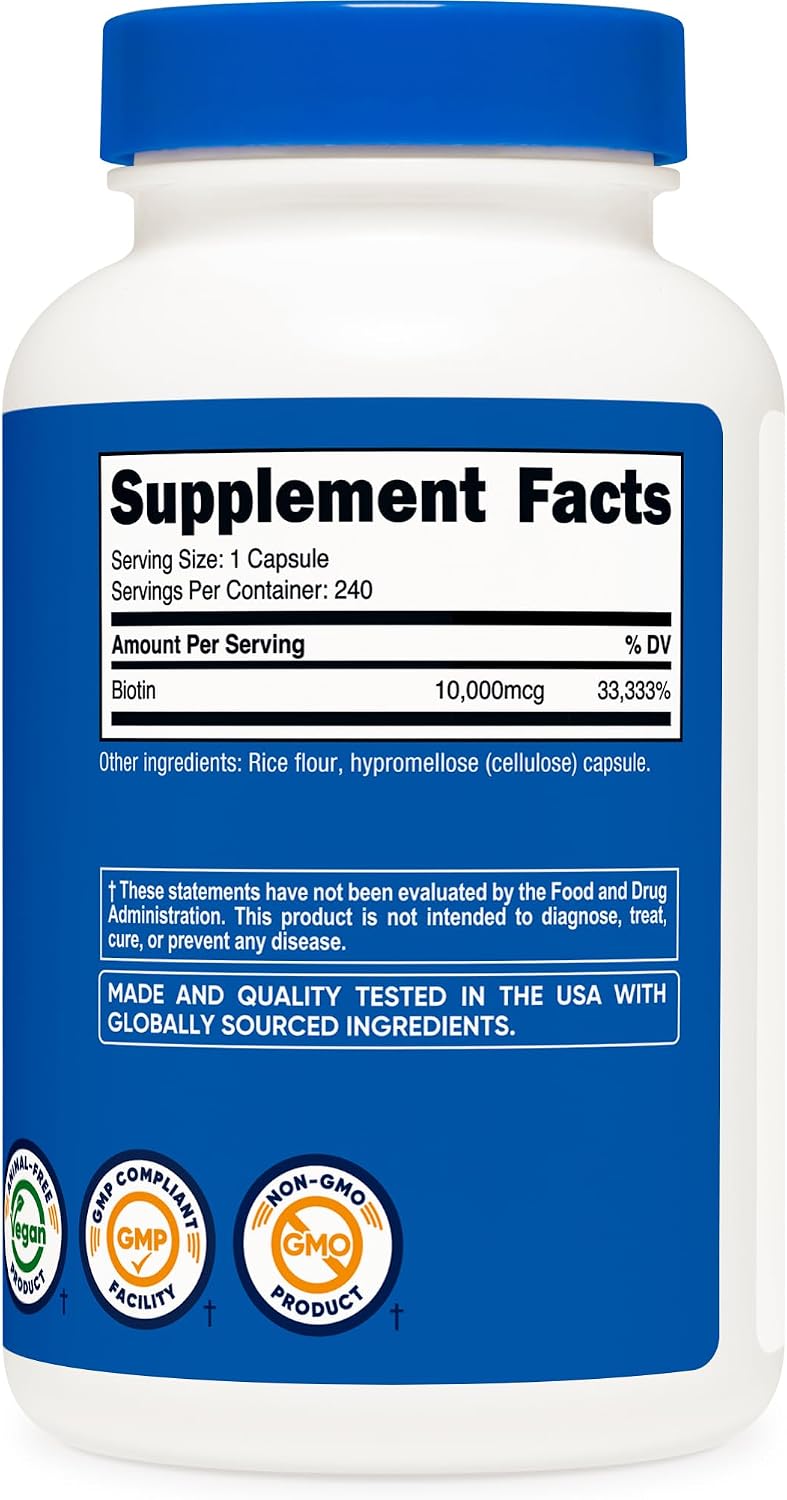 Nutricost Biotin (Vitamin B7) 10,000mcg (10mg), 240 Capsules, Quick Release | Vegetarian, Gluten Free, GMO-Free