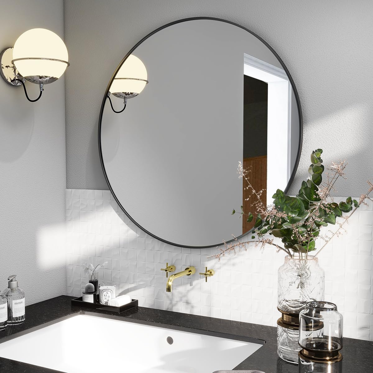 BEAUTYPEAK 24 Inch Round Mirror, Metal Frame Circle Mirror, White