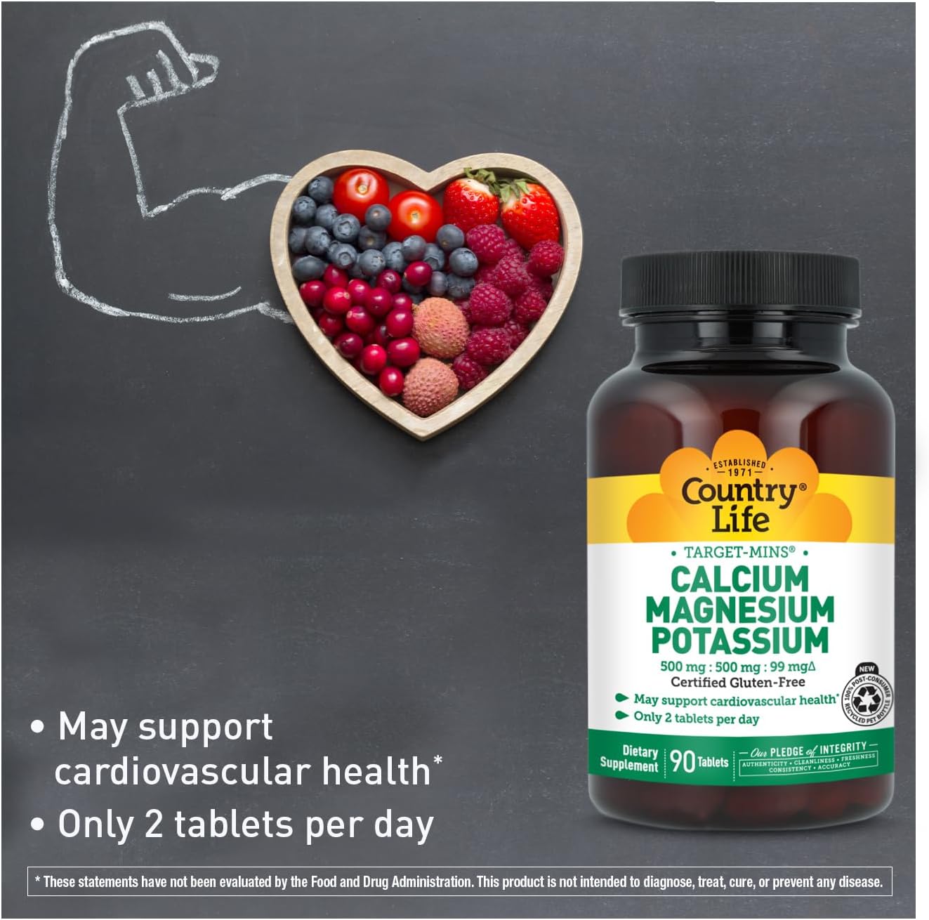 Country Life Target-Mins Calcium Magnesium Potassium, 180 Tablets | 500 mg calcium, 500 mg magnesium and 99 mg potassium per 2-tablet serving; certified gluten-free