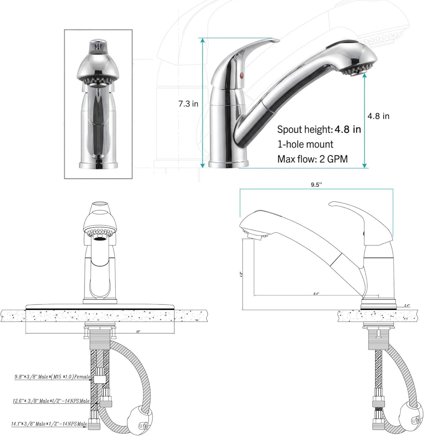Dura Faucet DF-NMK852-WT RV Pull-Out Swivel Kitchen Sink Faucet (White) | One-hole, single-handle design with smooth lever control for galley cleanup. Easy DIY install with common hand tools.