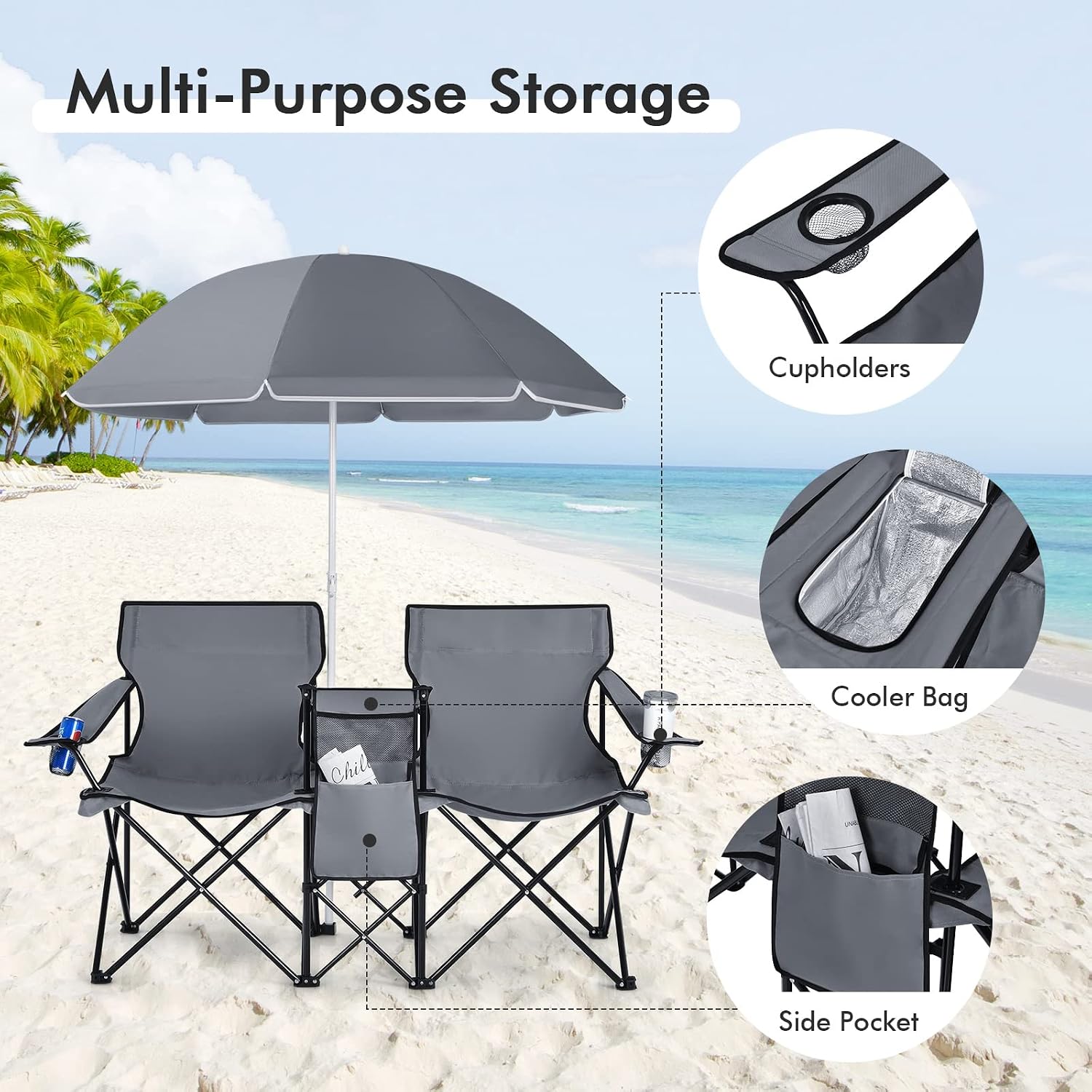 COSTWAY Double Portable Picnic Chairs, Folding Camping Chairs w/Detachable Umbrella, Cooler Bag, Cup Holders, Patio Beach Camping Chairs for Outdoors, Blue | Detachable Umbrella, Cooler Bag, Cup Holders, Patio Beach Camping Chairs for Outdoors, Blue