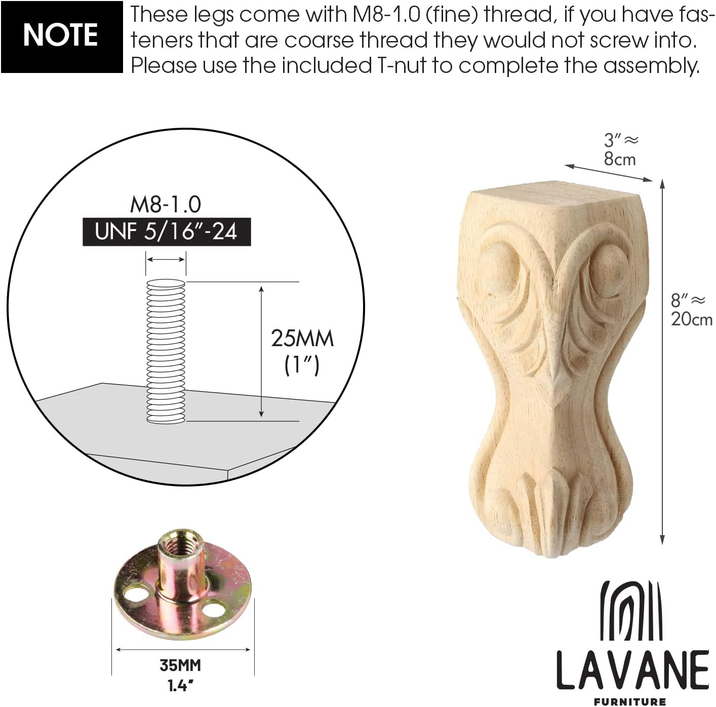 La Vane 6 inch / 15cm Wooden Furniture Legs, Set of 4 European Style Solid Wood Carving Furniture Replacement Feet Decoration for Sofa Cabinet Wardrobe Table Loveseat