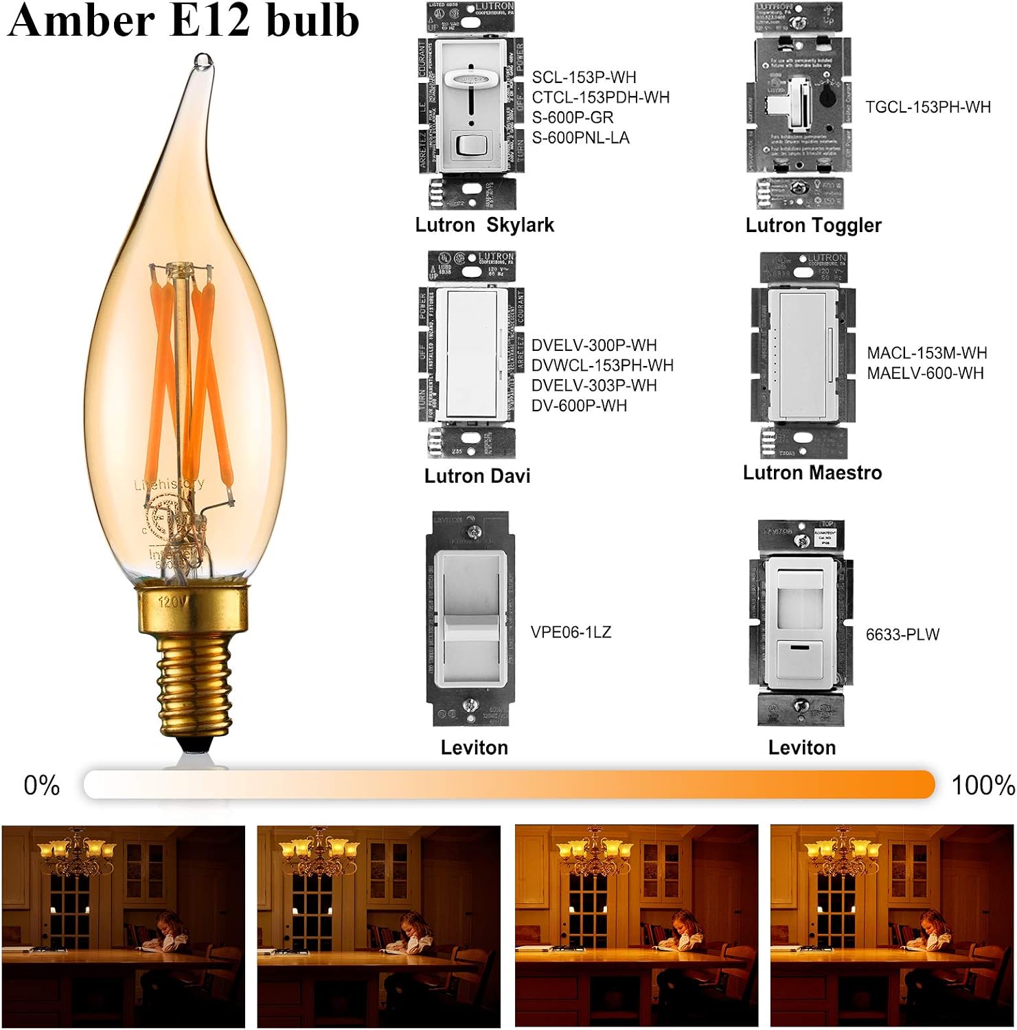 LiteHistory CA10 E12 Candelabra Bulb 40 watt,Amber Light Bulbs,2200K,6Pack | 4w=40 watt Light Bulbs,E12 Bulb,250lm,AC120V,ETL,Candelabra Light Bulbs for Chandelier Light Bulbs,Pendant,Candle Light Bulbs