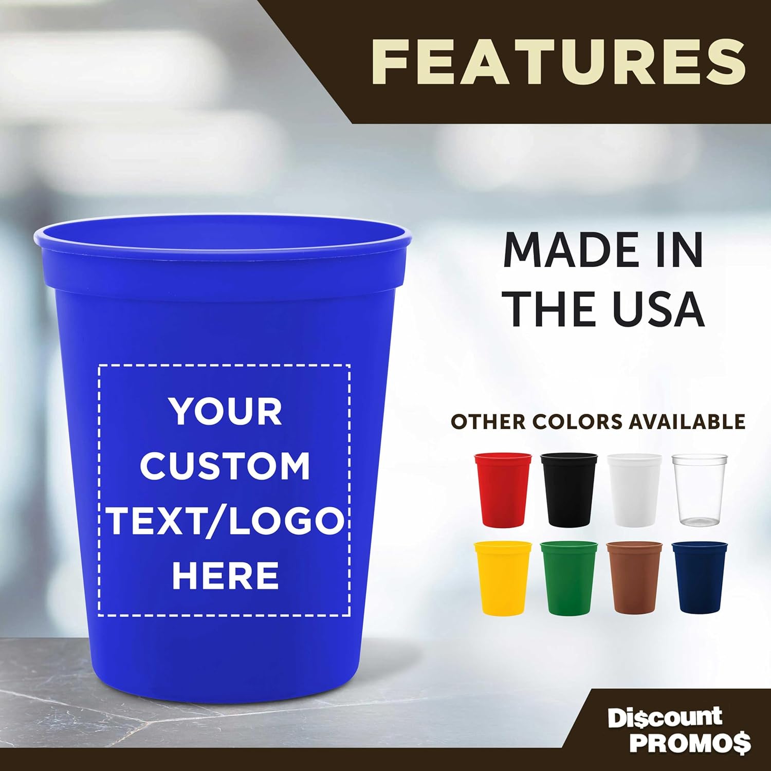 DISCOUNT PROMOS Custom Plastic Stadium Cups 16 oz. Set of 10/50/100, Personalized Bulk Pack - Perfect for Birthdays, Weddings, Picnic, Beach