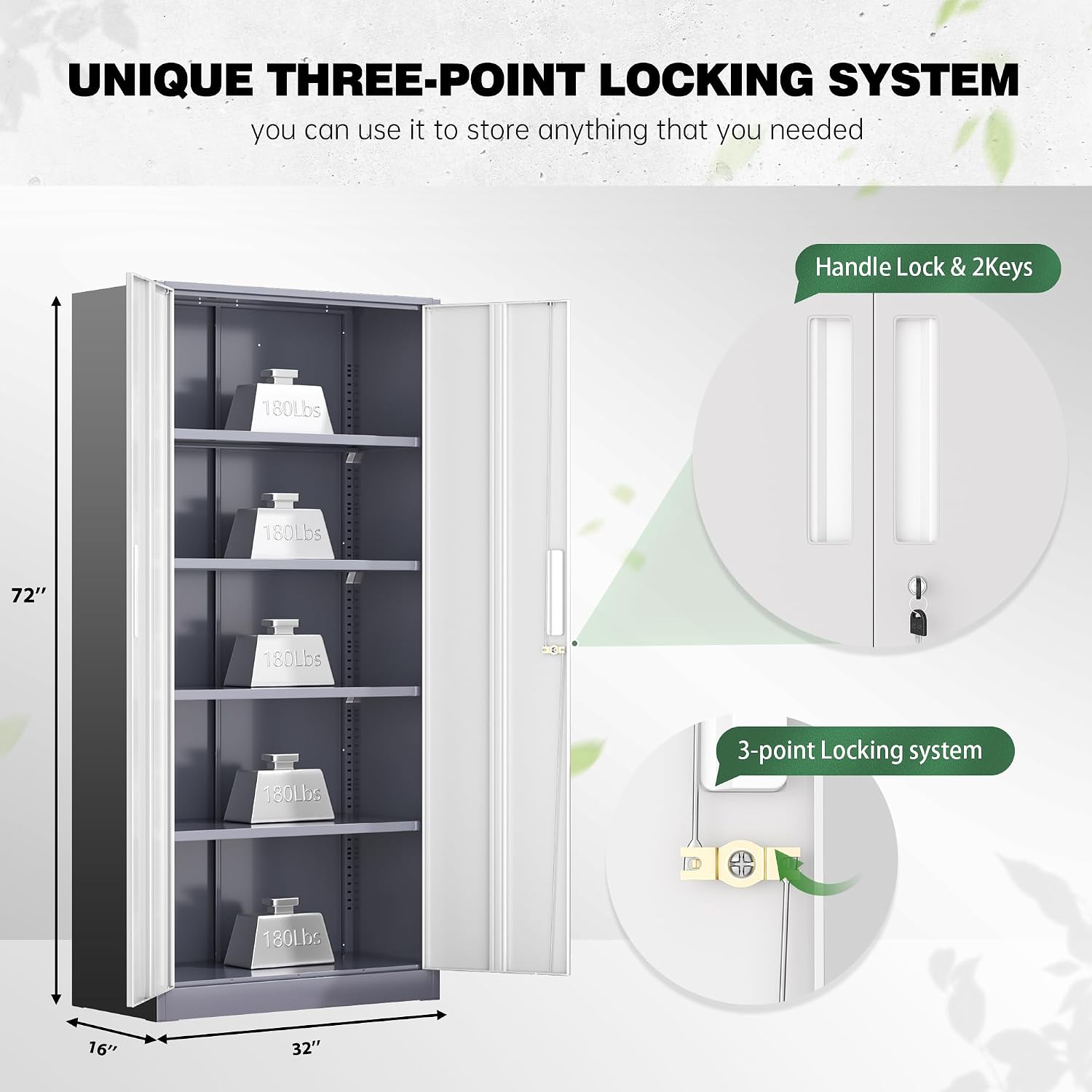 Greenvelly Steel SnapIt Storage Cabinet, 72" Locking Metal Garage Storage Cabinet with 4 Adjustable Shelves, 2 Doors and Lock for File, Office, Garage