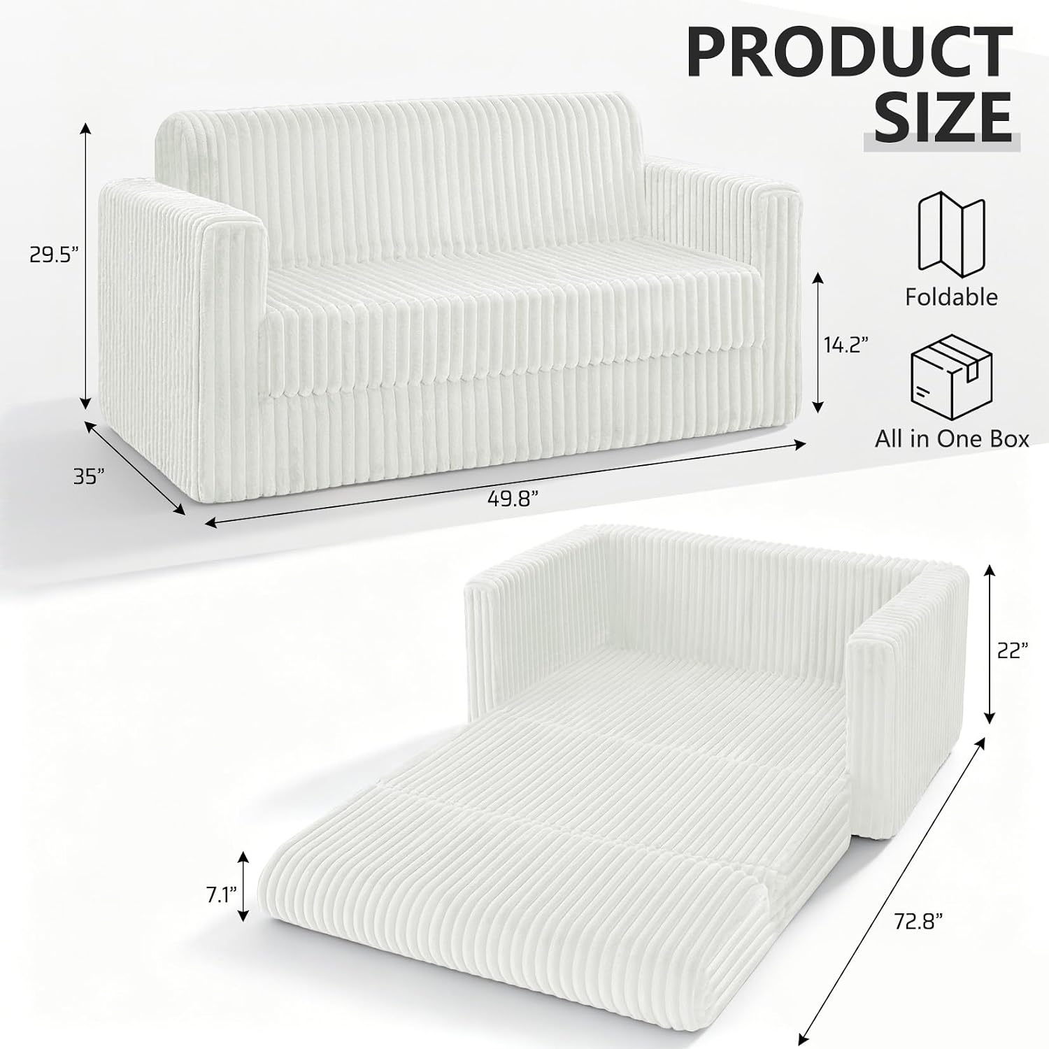 49.8" Loveseat Boneless Couch, 4-in-1 Convertible Sofa Bed, Plush Fur Folding Futon Sofa Bed Couches Without Pillow for Living Room