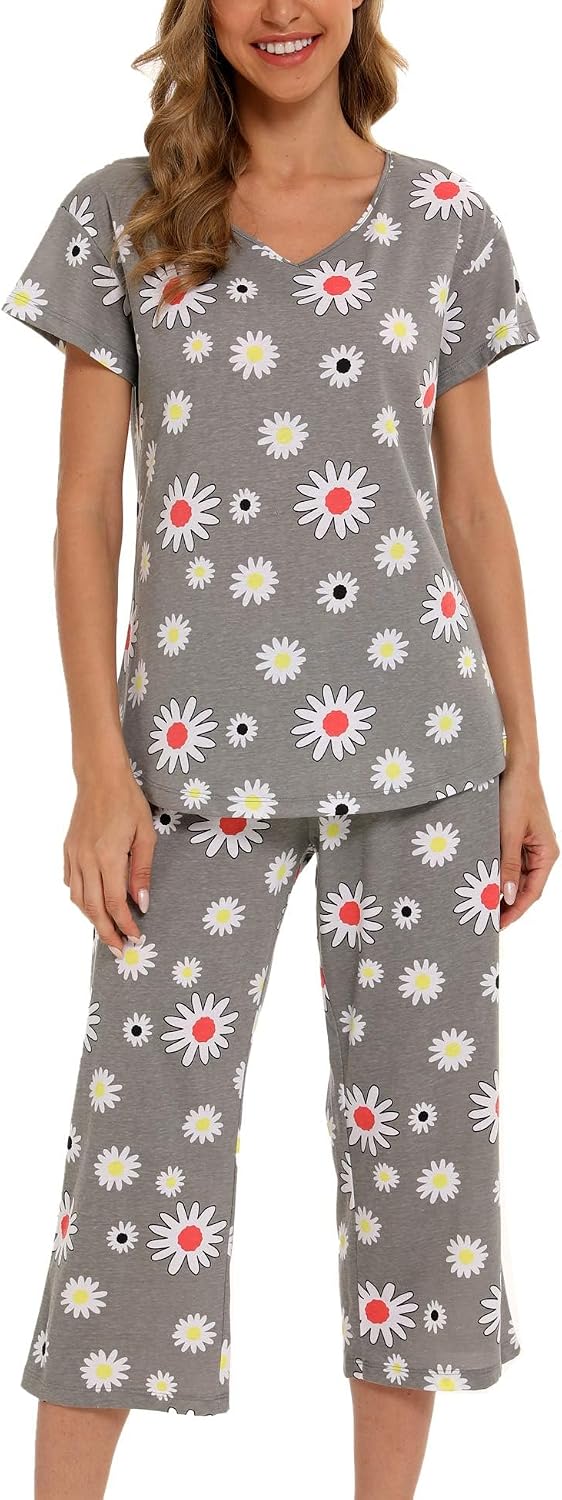 ENJOYNIGHT Womens Pajama Set Cotton Summer Pj Top with Capri Pant Sleepwear