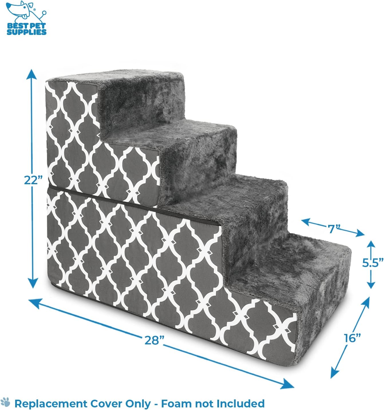 Best Pet Supplies Non-Slip Foam Dog Stair & Pet Ramp, Balanced Indoor Step Support - Foldable Stair, Ash Gray Linen,3-Step