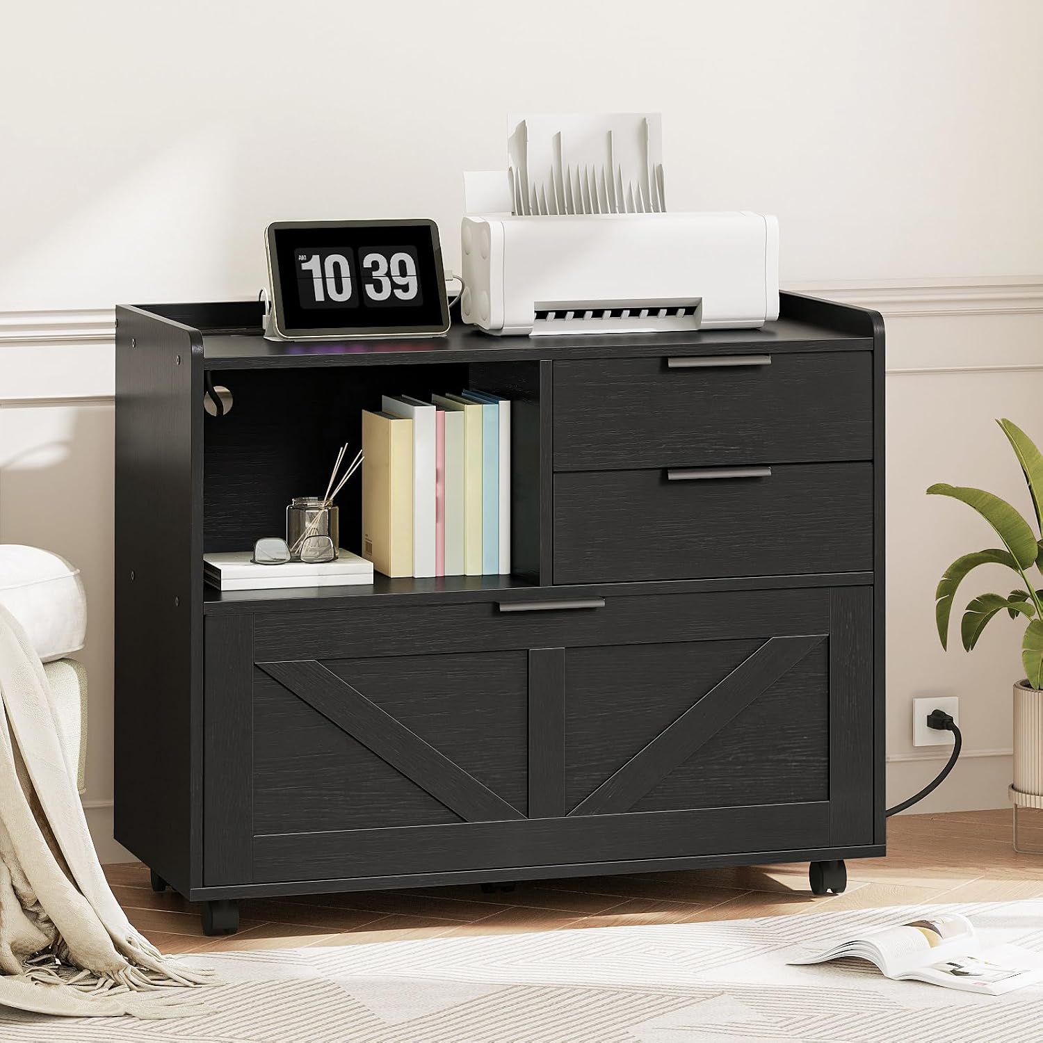 HOOBRO Lateral File Cabinet, Wooden Office Storage Drawers with Charging Station, Filing Cabinet for Home Office, A4/Letter/Legal-Sized Files, Printer Stand with Open Storage Spaces, White WT37UWJ01
