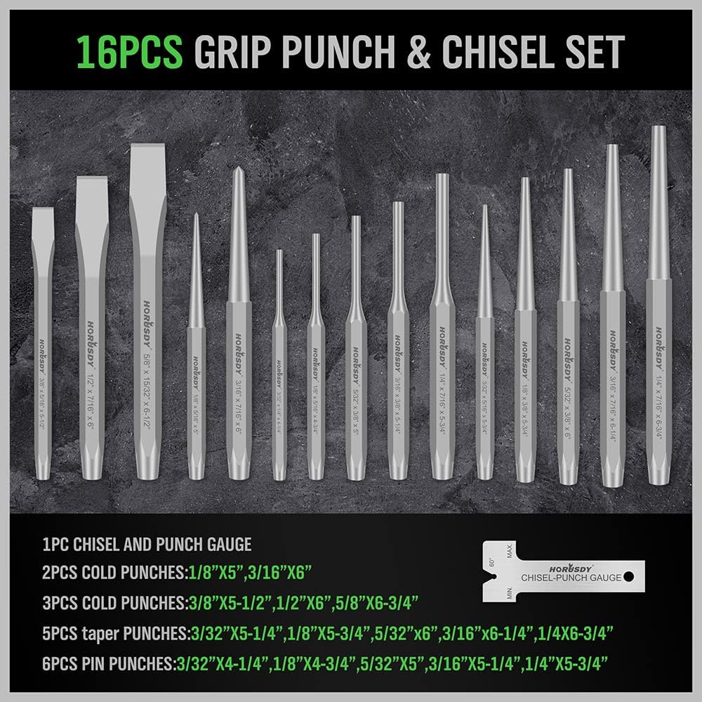 16-Piece Precision Punch & Chisel Set - Taper Punch, Pin Center Punch, Cold Chisels & Gauge for Versatile Applications