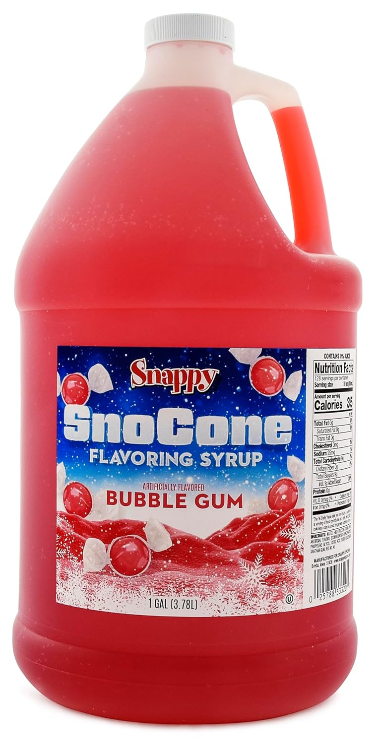 Snappy Bubble Gum Sno Cone Syrup, 1 Gallon 4 Pack, Ready to Use for Snow Cone Machines and Shaved Ice