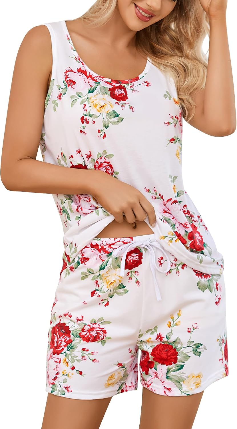 ENJOYNIGHT Womens Pajama Set Cotton Summer Sleep Tank and Shorts Pjs