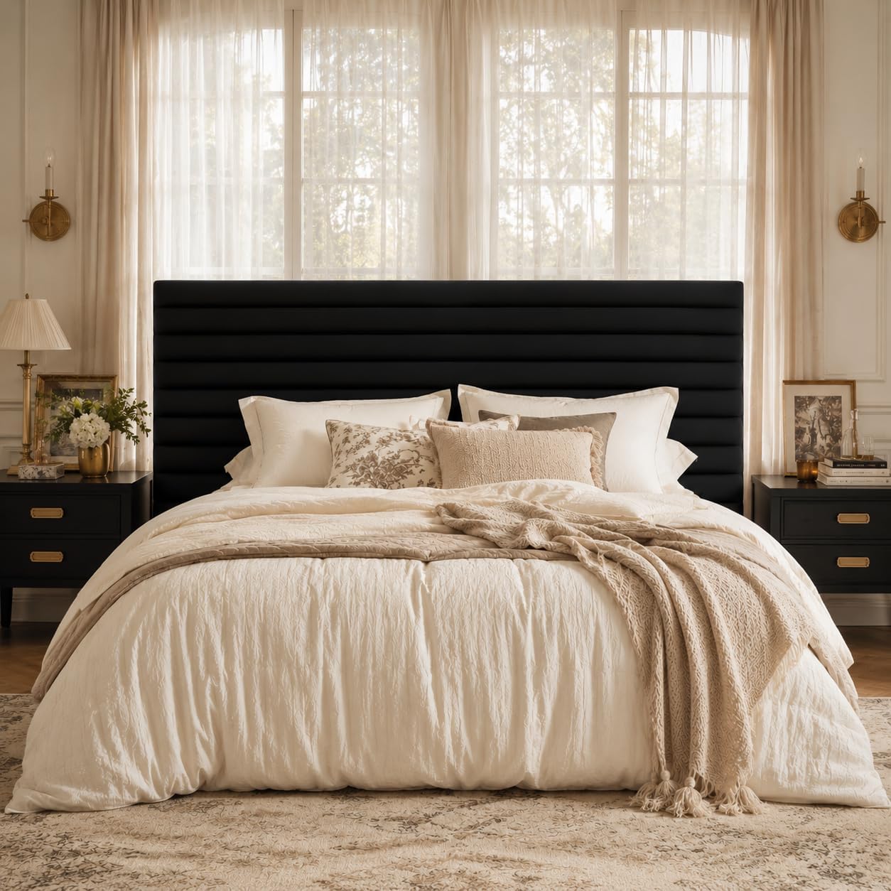 Allewie Queen Bed Frame, Velvet Upholstered Platform Bed with Adjustable Headboard, Horizontal Channel Design, Wood Slat Support, No Box Spring Needed, Noise Free, Easy Assembly, White