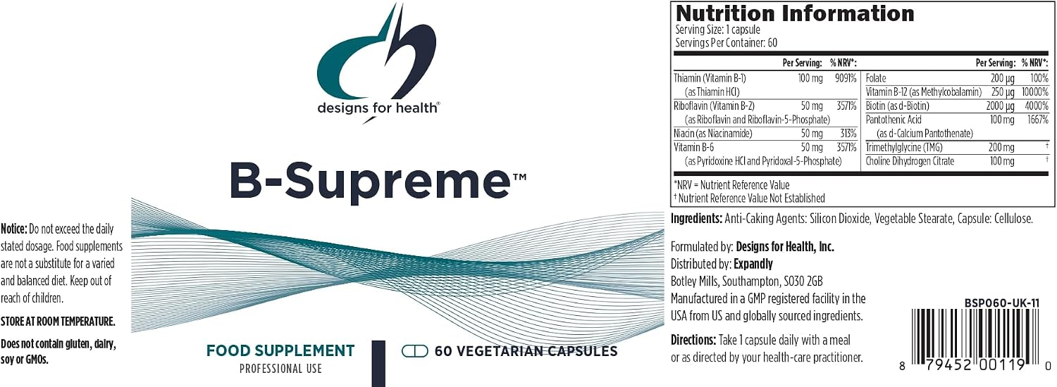 Designs for Health Vitamin B Supreme - B Complex Vitamins for Metabolism, Energy Support + Heart Health - Folate, Vitamin B12, Niacin, Biotin, Vitamin B6 + Thiamine B1 Supplement (60 Vegan Capsules)