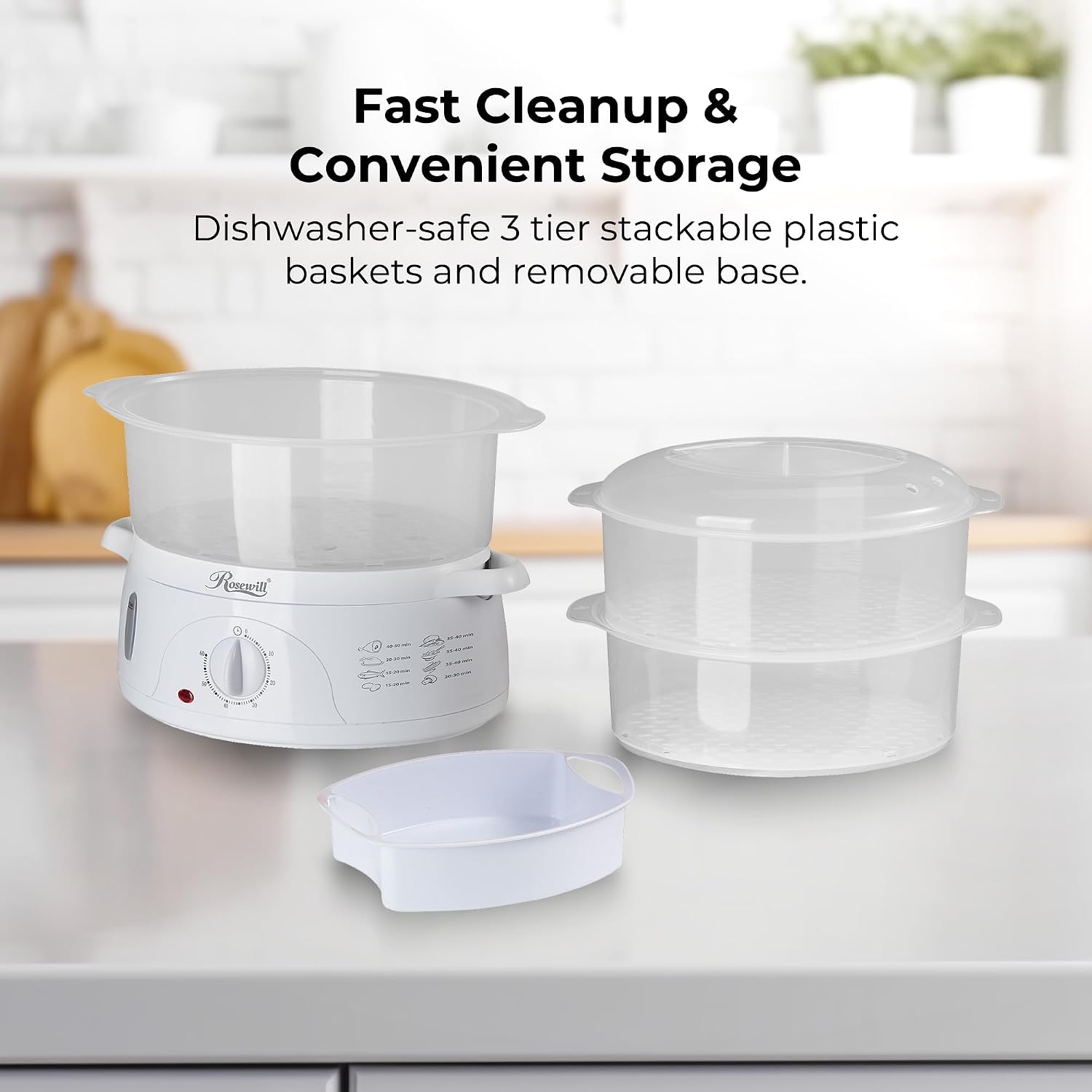 Rosewill Electric Food Steamer with 3 Tiers BPA-Free Stackable, Dishwasher Safe Baskets, 800W with fast steam heating within 40s