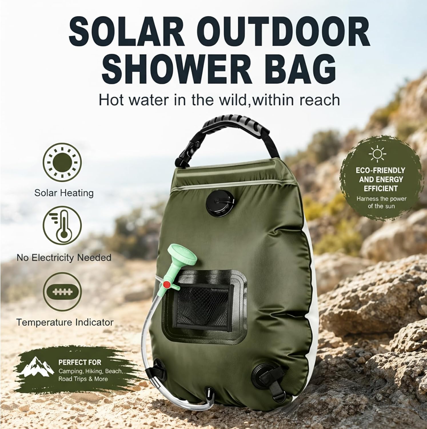 Solar Shower Bag | 5 Gal/20L Solar Heating Camping Shower Bag | Removable Hose | On-Off Switchable Shower Head | Ducha Portatil | Traveling Shower | Portable Shower for Beach Swimming, Hiking