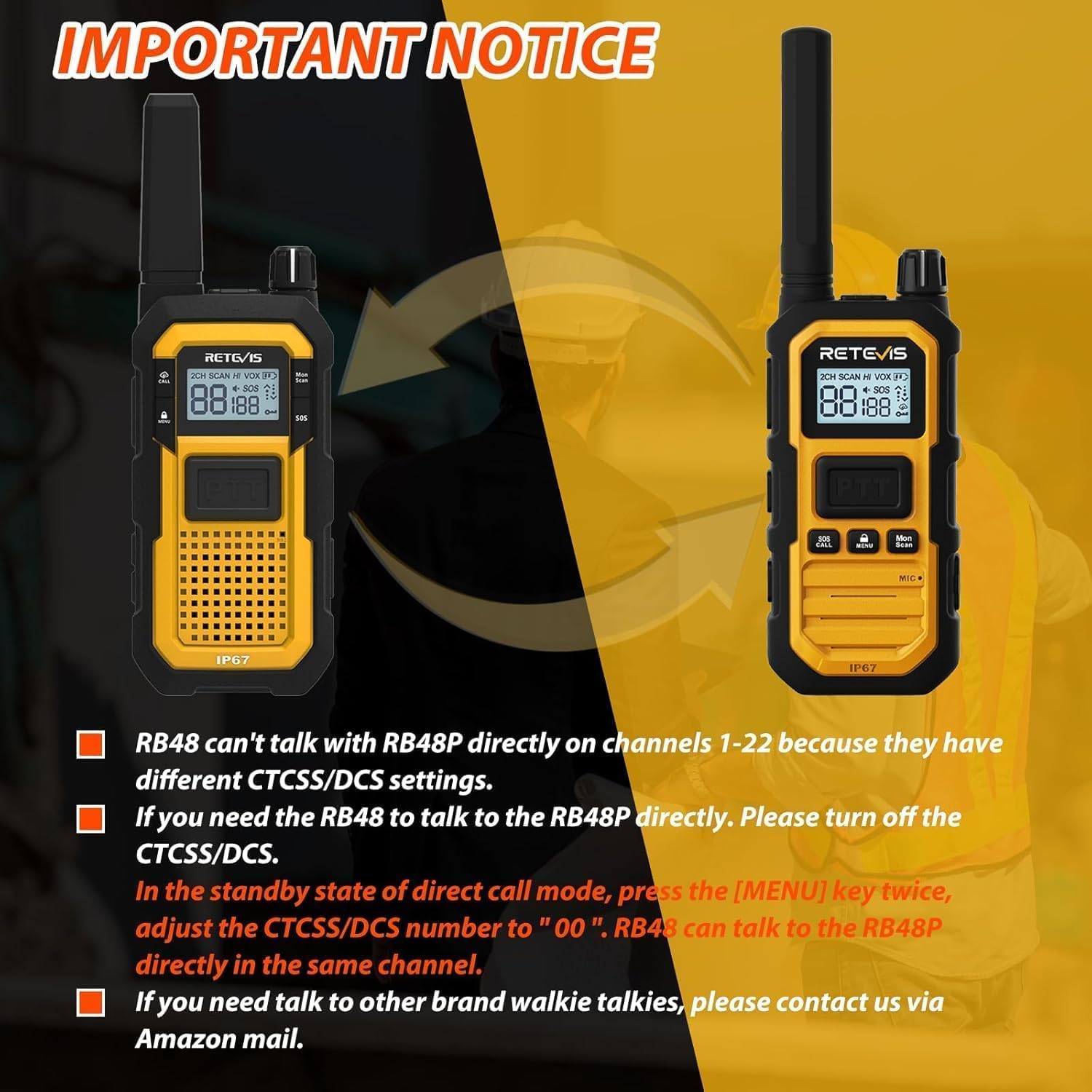 Retevis RB48PLUS GMRS Walkie Talkies Long Range,IP67 Waterproof 2 Way Radio | Repeater Capable, Dual PTT, Vibration Alert, NOAA, SOS, for Hurricane Preparedness, Emergency Communication, Outdoor, 2 Pack