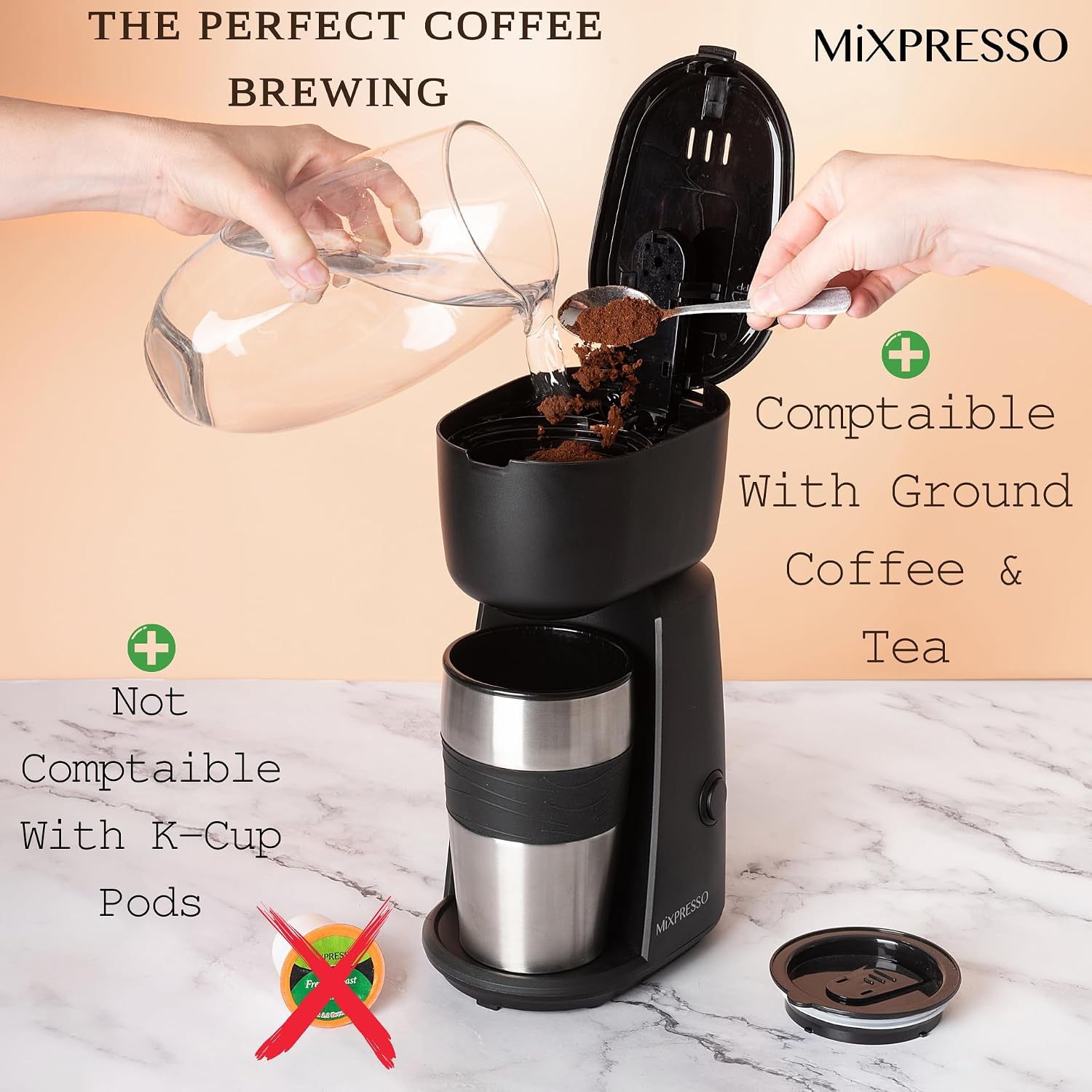 Mixpresso Single Serve & Single Cup Coffee Maker with 14oz Travel Mug Black | For ground coffee only, reusable filter, auto shut off. Compact personal drip coffee maker, not compatible with K-Cup pods.