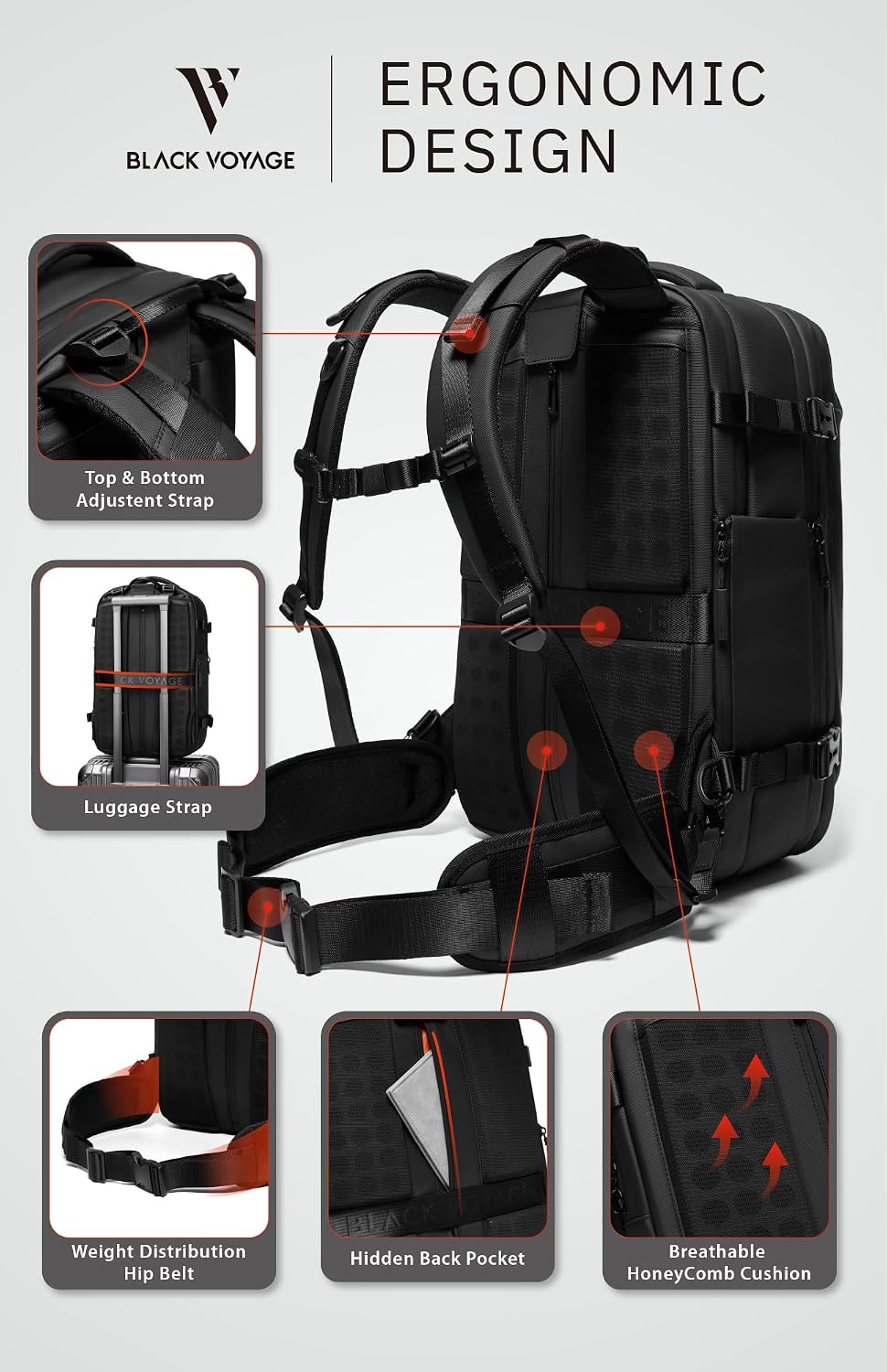 Black Voyage Vortex Vacuum Seal Travel Backpack 60L Expandable Air Compression System Water Resistant TSA Lock Carry-On Suitcase Luggage Black