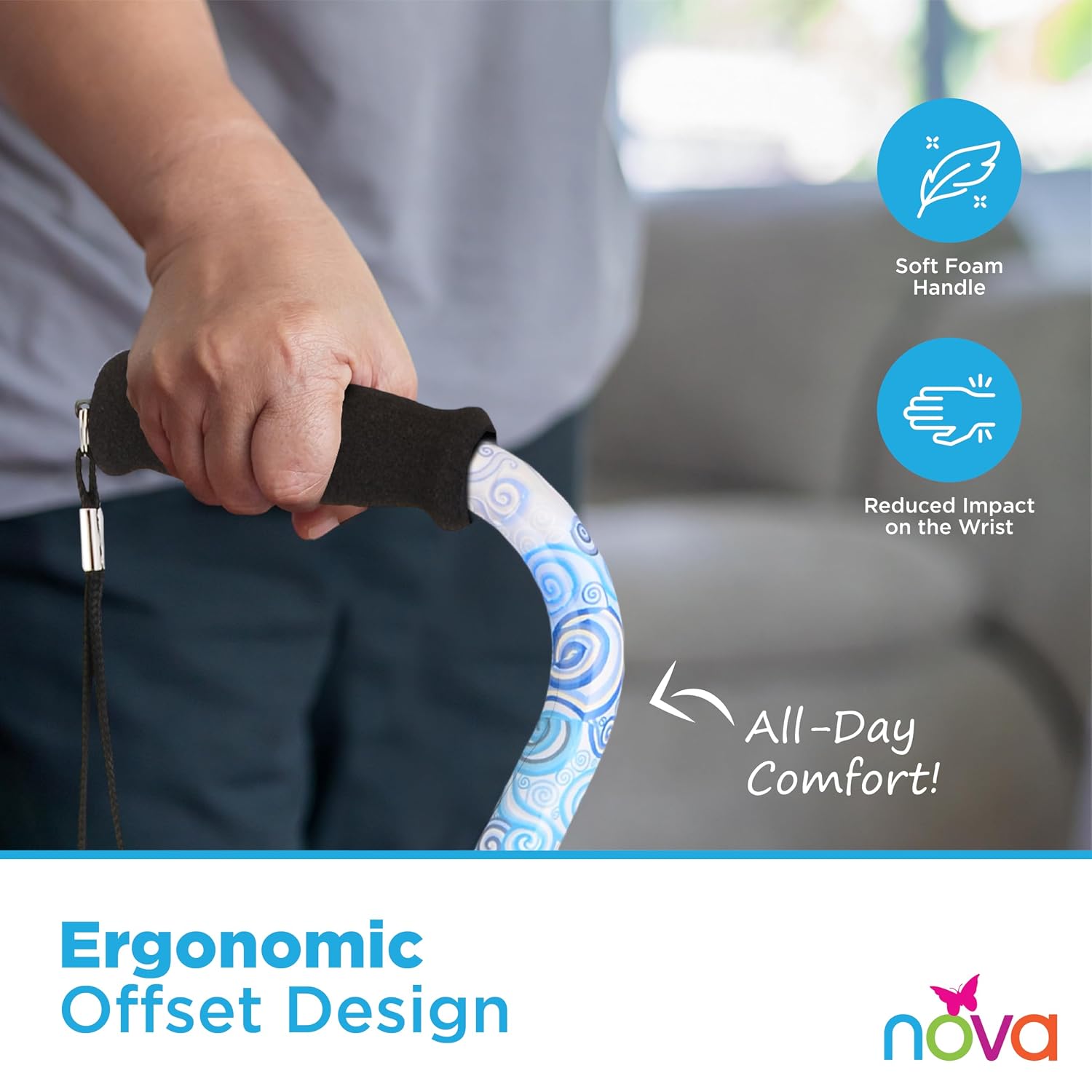 Nova Joy Designer Offset Quad Cane for Seniors - Unisex Adjustable Lightweight Walking Aid with Foam Handle, Wrist Strap and Anti-Rattle Lock - Essential Mobility Support - Maui Flowers