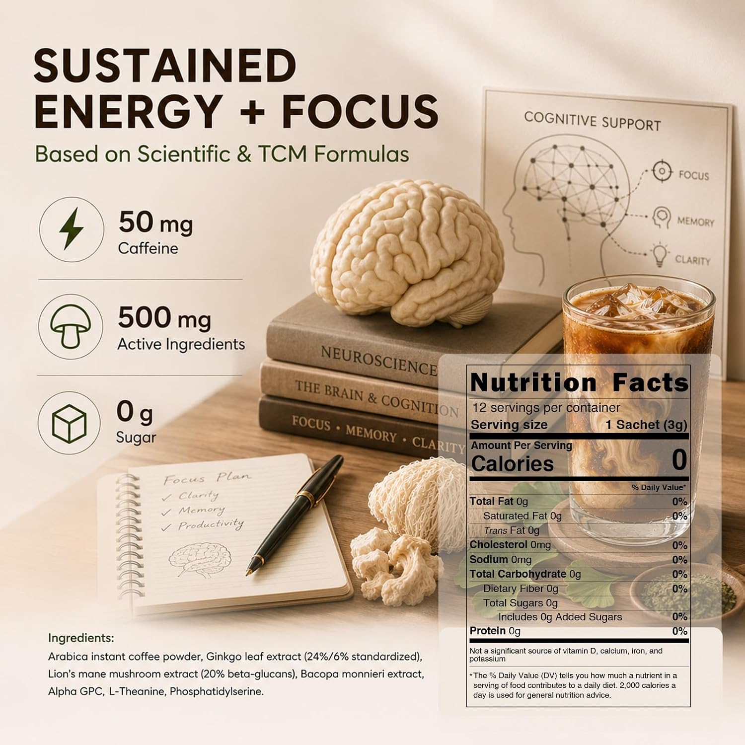 ECO-TASTE Mushroom Coffee Mix for Focus, 12 Sachets