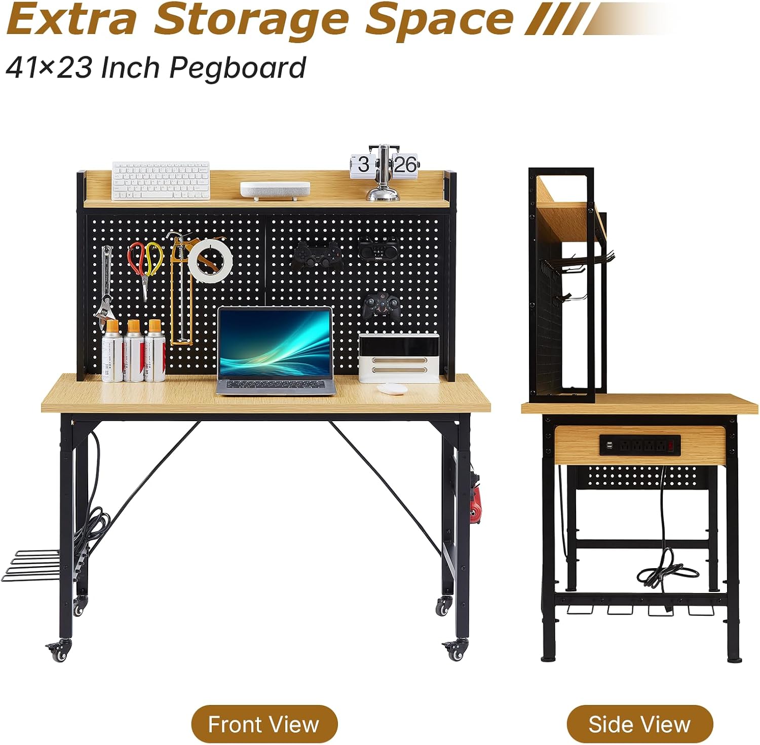 Zevemomo 48" Adjustable Height Workbench with Pegboard, Work Benches for Garage, Heavy Duty Wood Top Work Bench with Wheels, 2000 LBS Load Capacity