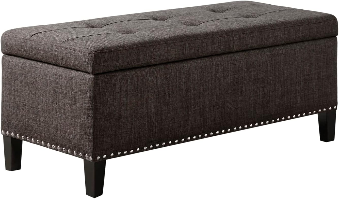 Madison Park 49" Upholstered Storage Bench, Button Tufted End of Bed Bench with Storage, Dual Spring Soft-Close Lid, Bedroom Bench for Queen King Bed, Entryway Living Room, Grey