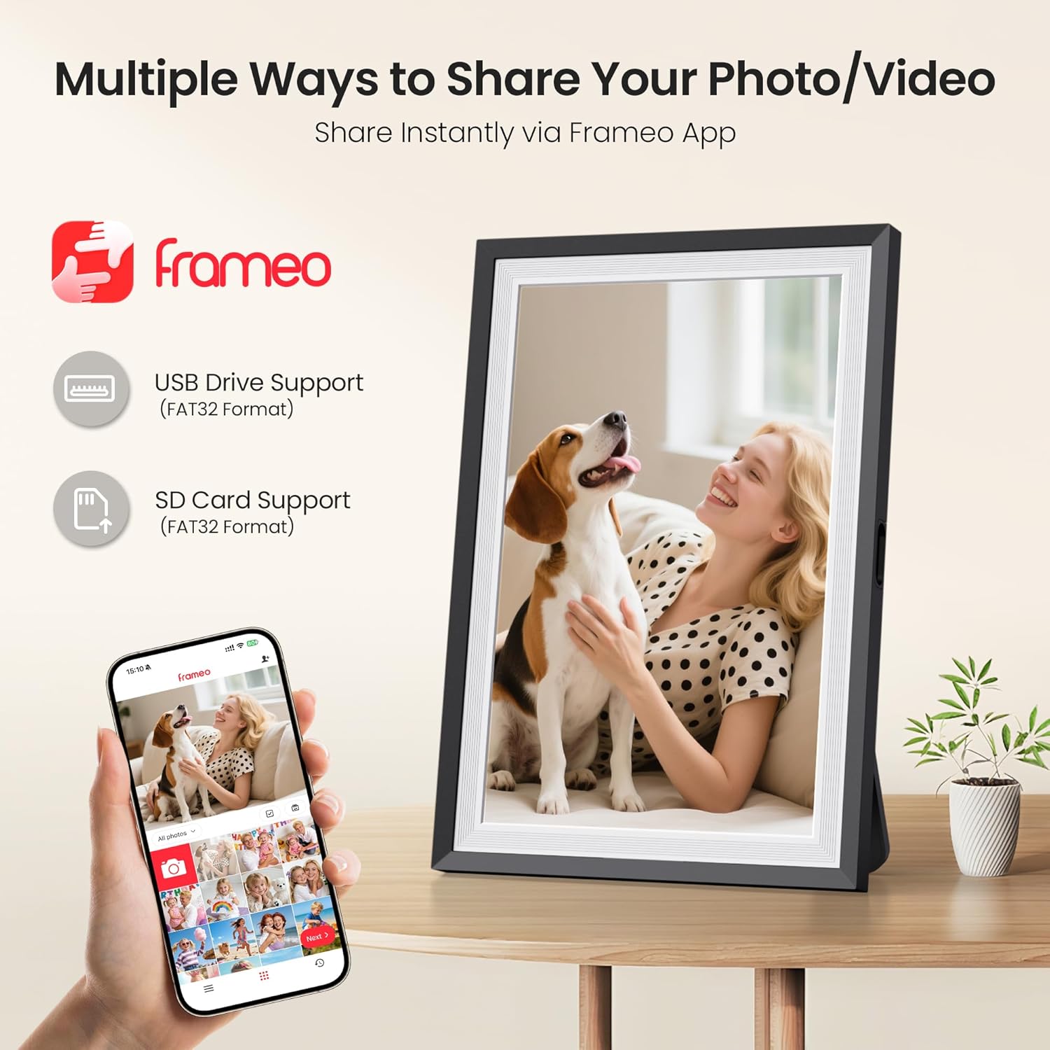 BIGASUO Digital Picture Frame, 10.1" Frameo Digital Frame WiFi with 32GB Memory, 1280x800 IPS Touch Screen