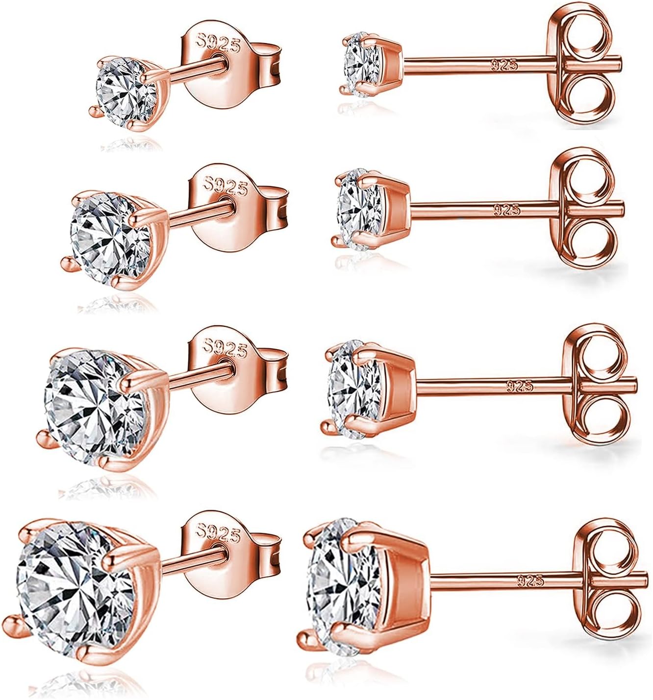 925 Sterling Silver Stud earrings Set | White Gold Plated Hypoallergenic Stud Earrings | Cubic Zirconia Stud Earrings for Women (2mm, 3mm, 4mm, 5mm