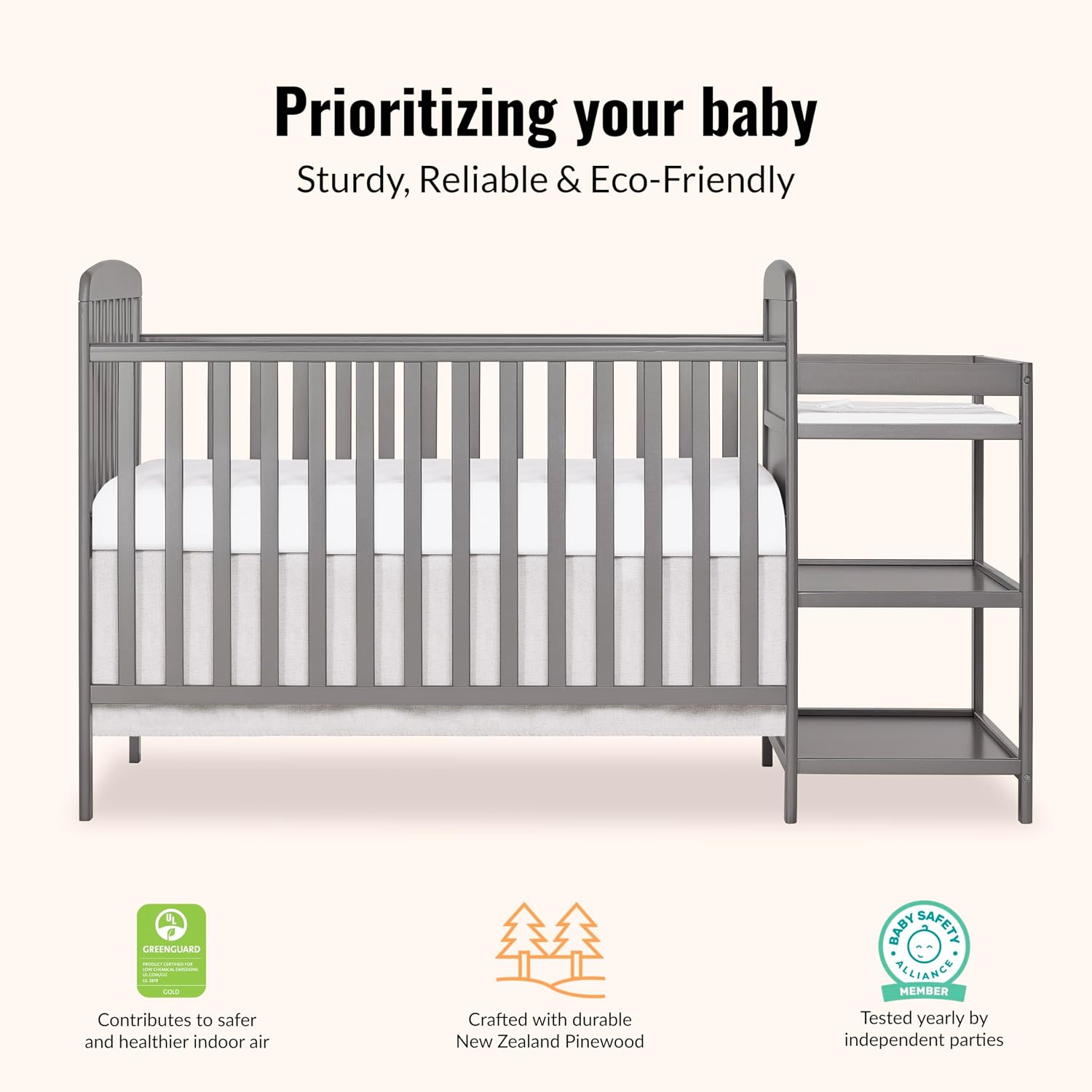 Dream On Me Anna 3-in-1 Convertible Full-Size Baby Crib & Changer with Storage in Steel Grey, GreenGuard Gold & BSA, Pinewood