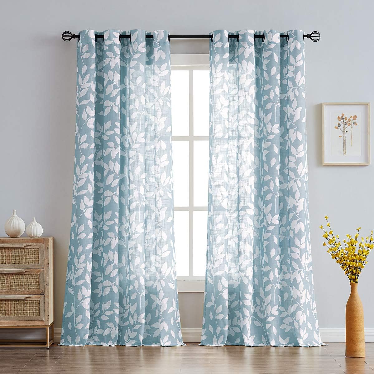 Leaf Semi Sheer Curtains for Bedroom Living Room 52x72" Taupe White Print 2